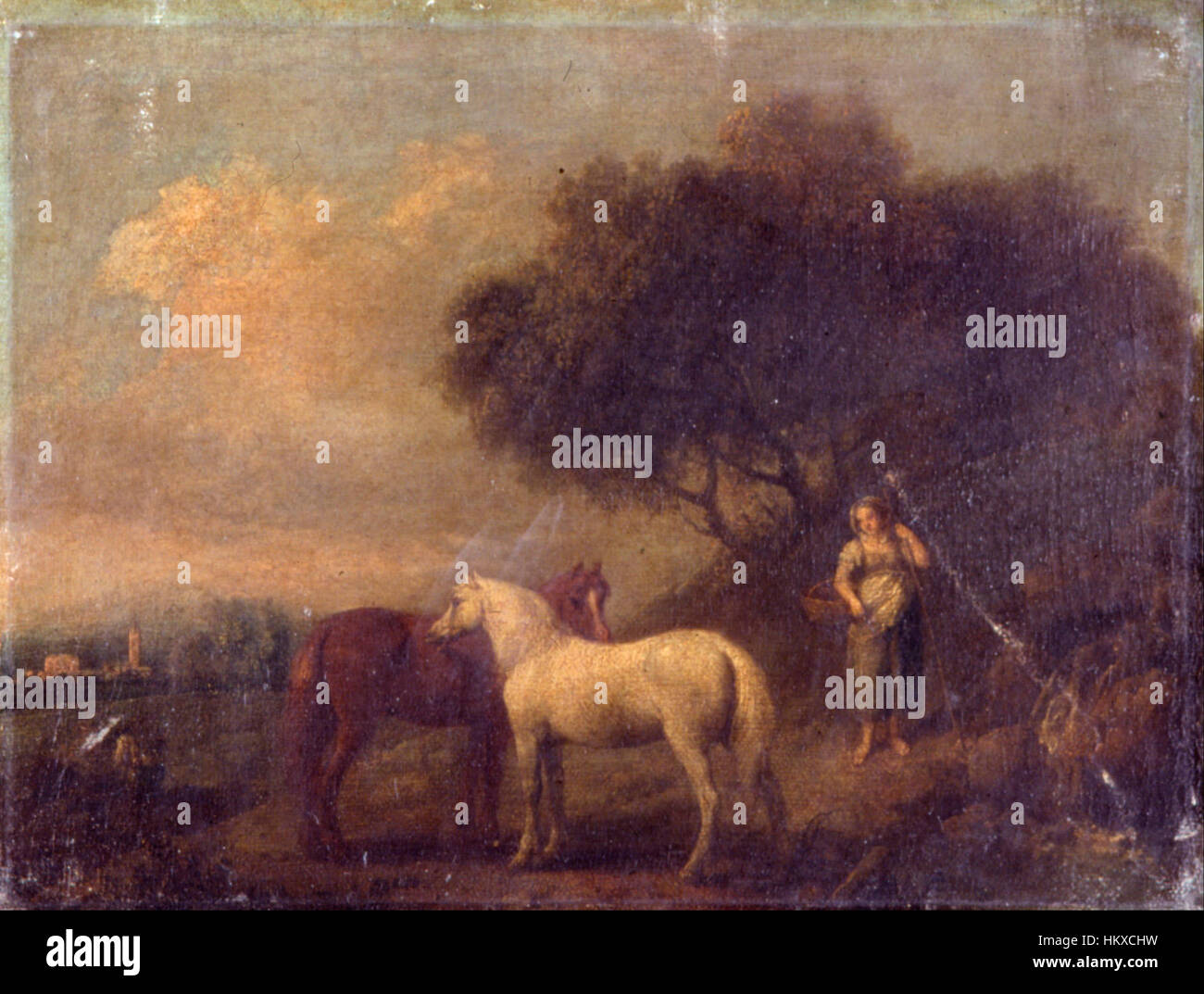 Questo dipinto della tradizione britannica raffigura un paesaggio rurale con cavalli, catturando la serena bellezza della natura e degli animali in campagna, un tema classico dell'arte paesaggistica britannica. Foto Stock