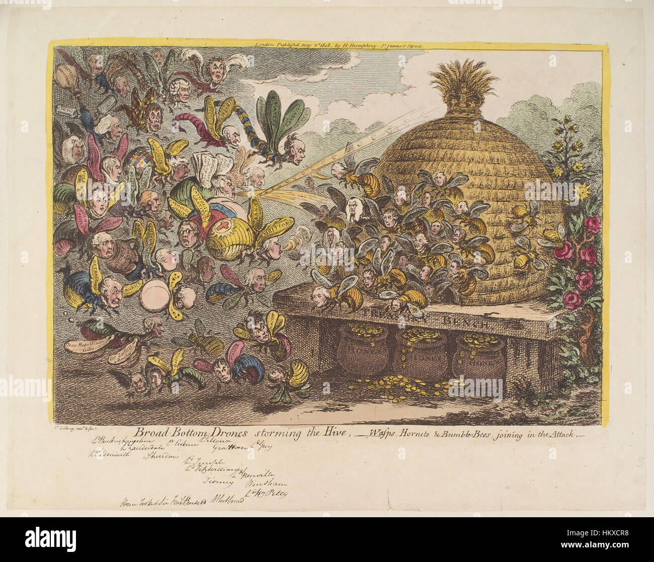 L'opera satirica di James Gillray "droni dal fondo largo che assaltano l'alveare" raffigura uno sciame caotico di vespe, calabroni e bombe che attaccano un alveare. Il pezzo commenta umoristicamente le questioni sociali e politiche del tempo. Foto Stock