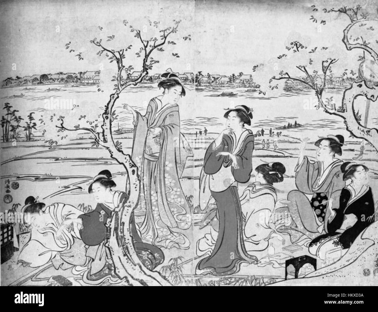 "A View of Blossoms on the Bank of the Sumida" di Torii Kiyonaga è una stampa in legno del periodo Edo. Le opere d'arte catturano la delicata bellezza dei ciliegi in fiore lungo il fiume Sumida a Tokyo, in Giappone, un tema centrale per l'arte giapponese. Foto Stock