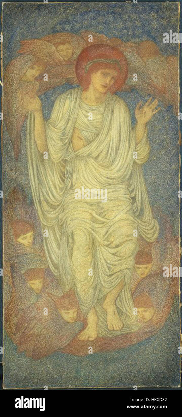 "Christ in Glory" (Salvator Mundi), dipinto da Sir Edward Coley Burne-Jones, è un capolavoro che raffigura Cristo in una posa maestosa e divina. Il dipinto riflette lo stile distintivo di Burne-Jones, combinando il simbolismo religioso medievale con la dettagliata arte vittoriana. Il pezzo è conservato al Brooklyn Museum. Foto Stock