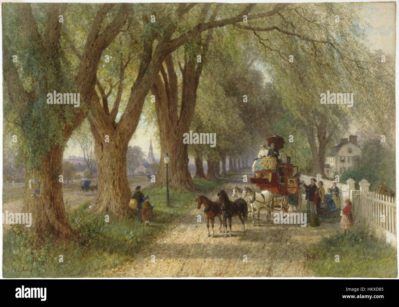 *Coaching in New England* di Albert Fitch Bellows raffigura una vivace scena del XIX secolo di un pullman trainato da cavalli che viaggia attraverso un villaggio del New England. L'opera cattura l'energia e l'eleganza del periodo, riflettendo l'attenzione dei Bellows per i dettagli e l'autenticità storica. Foto Stock
