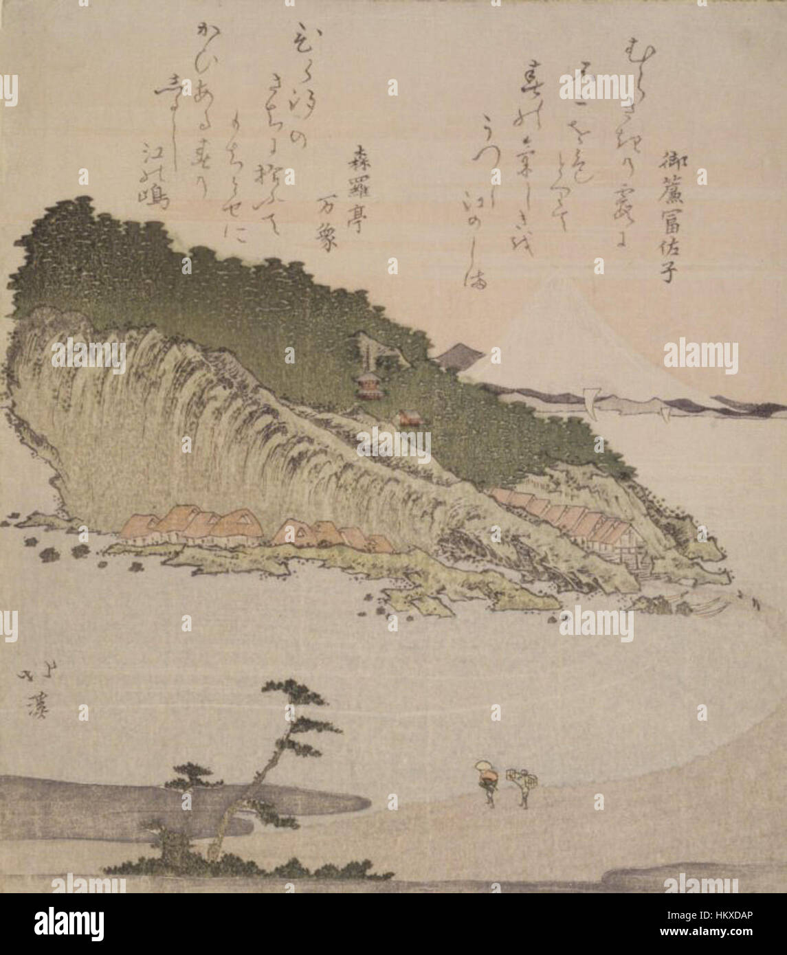 *Fuji di Enoshima* di Totoya Hokkei è una stampa a blocchi di legno che mostra l'iconico Monte Fuji. La stampa cattura la grandezza della montagna e il suo significato nella cultura giapponese, riflettendo la tradizione Ukiyo-e. Foto Stock