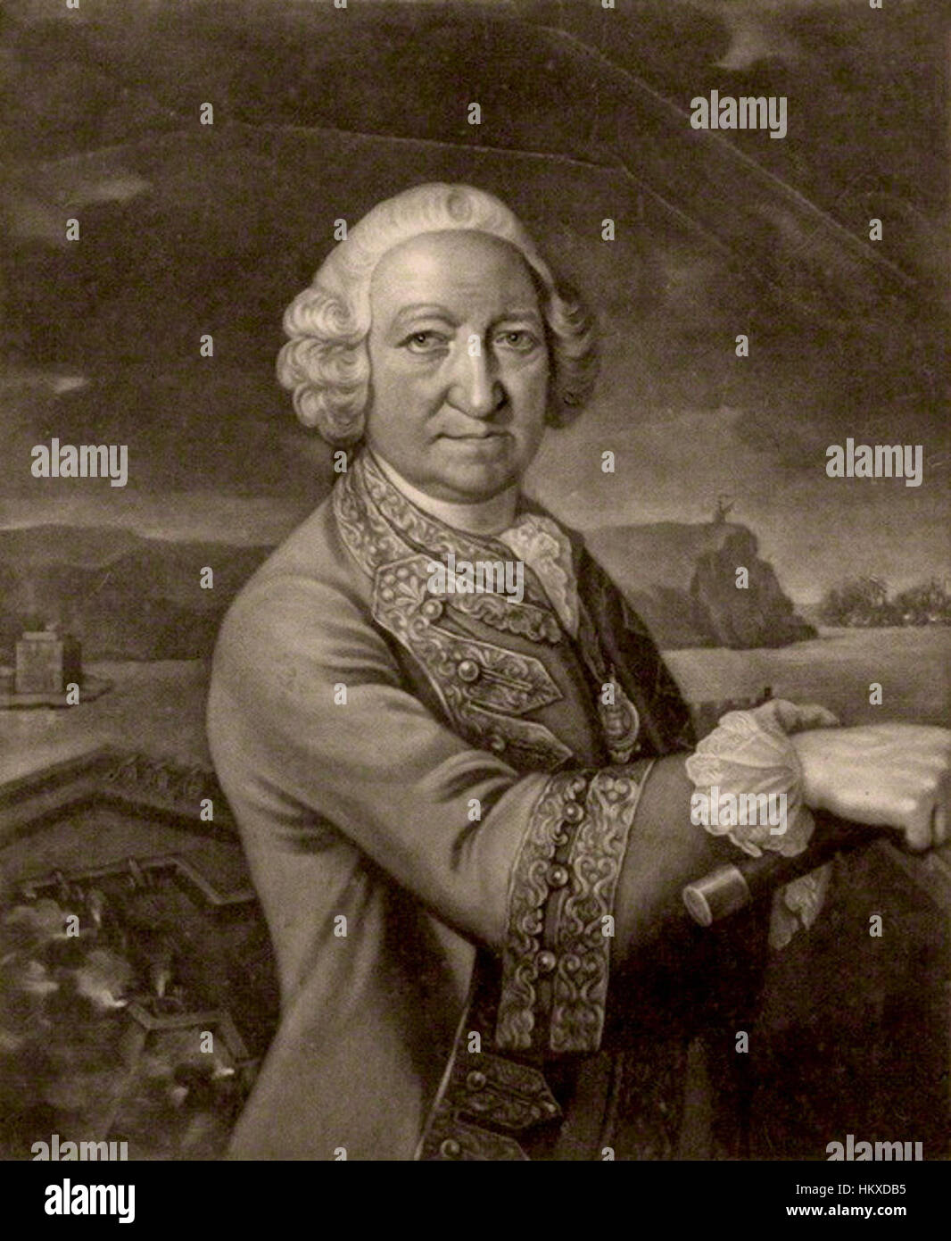 Questo ritratto del i barone Blakeney cattura il suo ruolo di figura militare significativa nella Gran Bretagna del XVIII secolo. Il dipinto lo raffigura nel suo abbigliamento militare, simboleggiando la sua influenza e il suo servizio durante un periodo di conflitto nazionale. Foto Stock