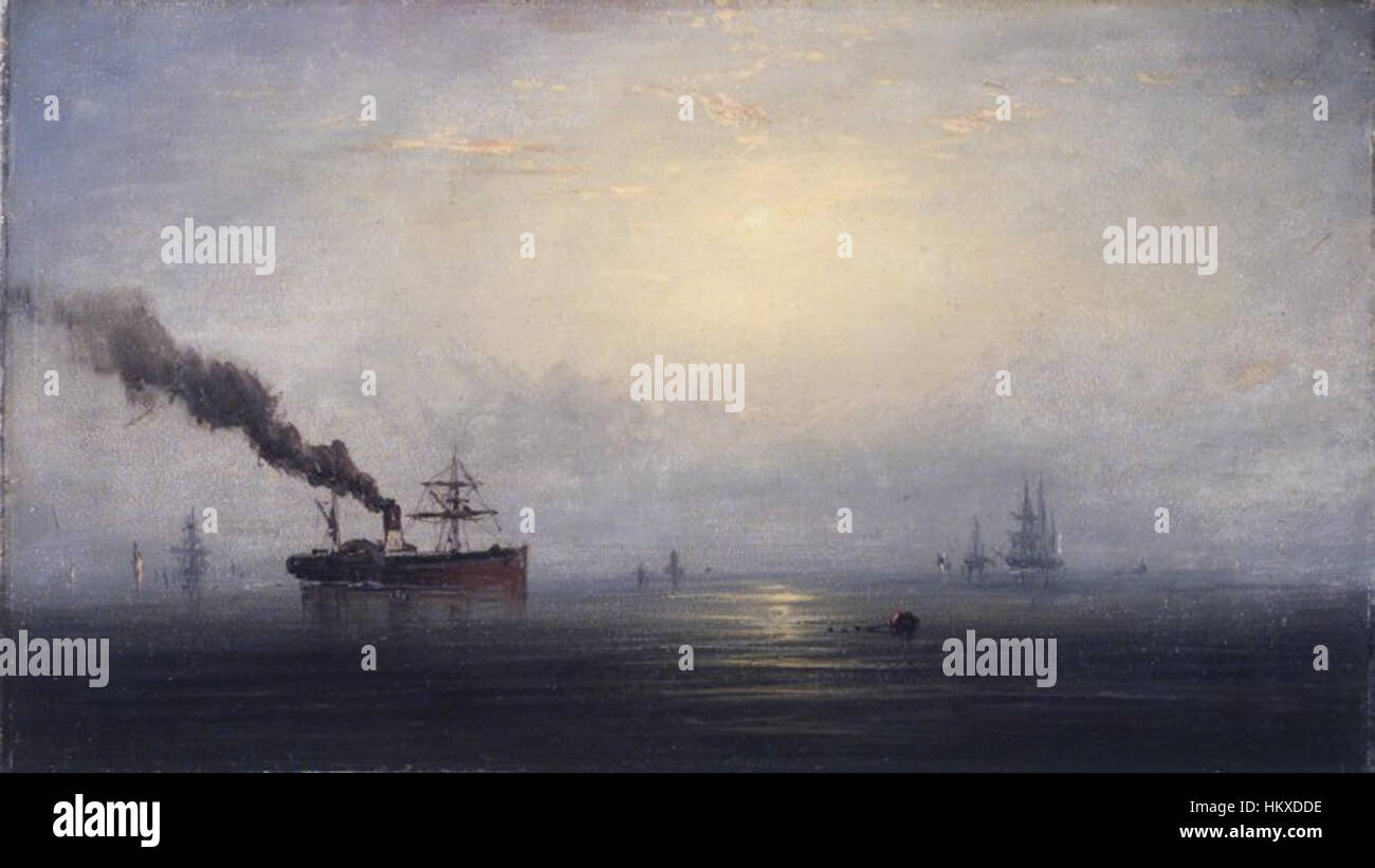 Il dipinto di James Hamilton "Foggy Morning on the Tamigi" mostra un paesaggio londinese nebbioso e suggestivo. Il dipinto ad olio cattura la bellezza serena ma misteriosa del Tamigi nelle prime ore del mattino, evocando un senso di tranquillità. Foto Stock