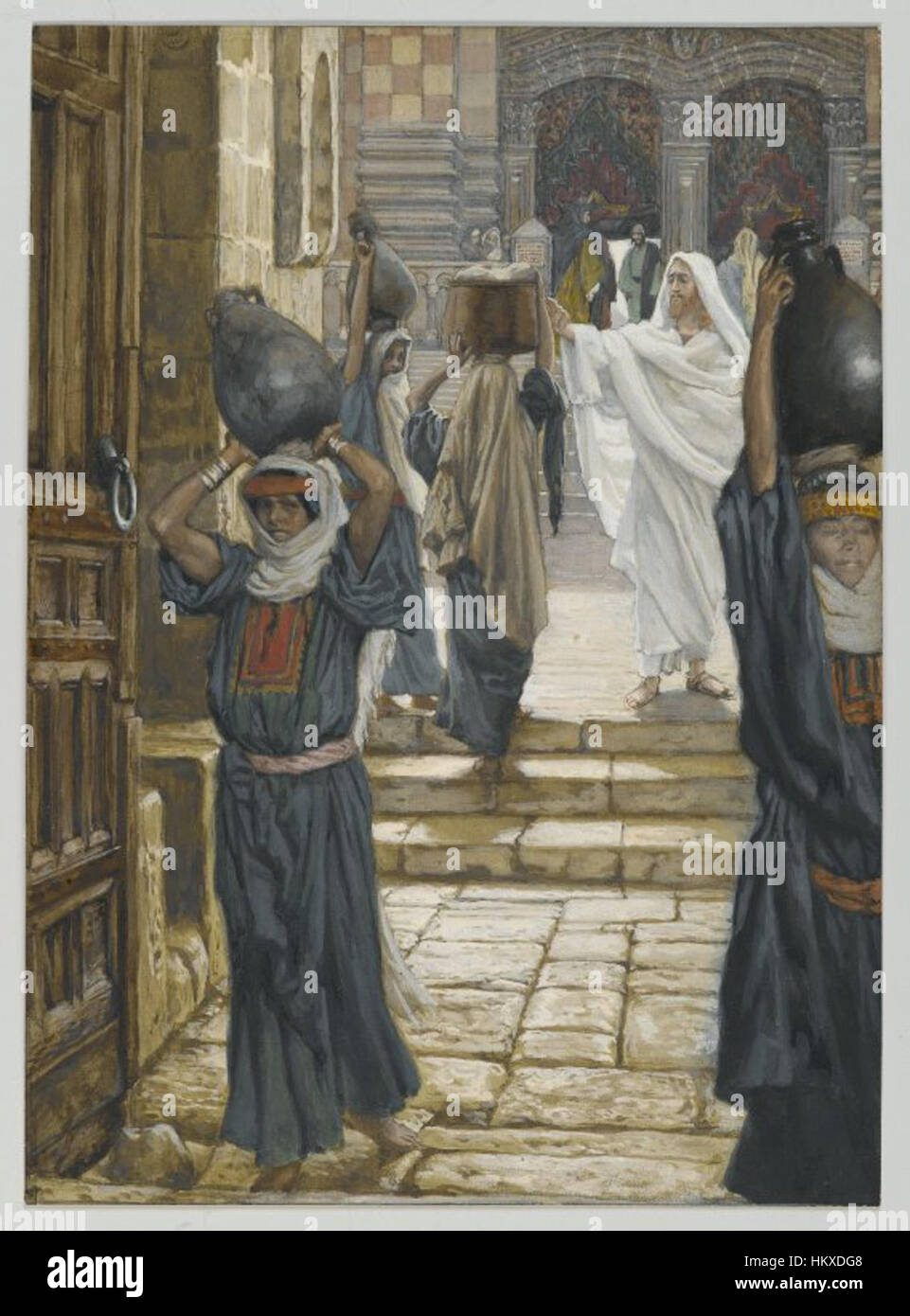 *Gesù vieta il trasporto di carichi nel cortile del Tempio* di James Tissot raffigura una scena biblica del nuovo Testamento. L'opera ritrae gli insegnamenti di Gesù nel tempio, enfatizzando la sua guida morale. Foto Stock