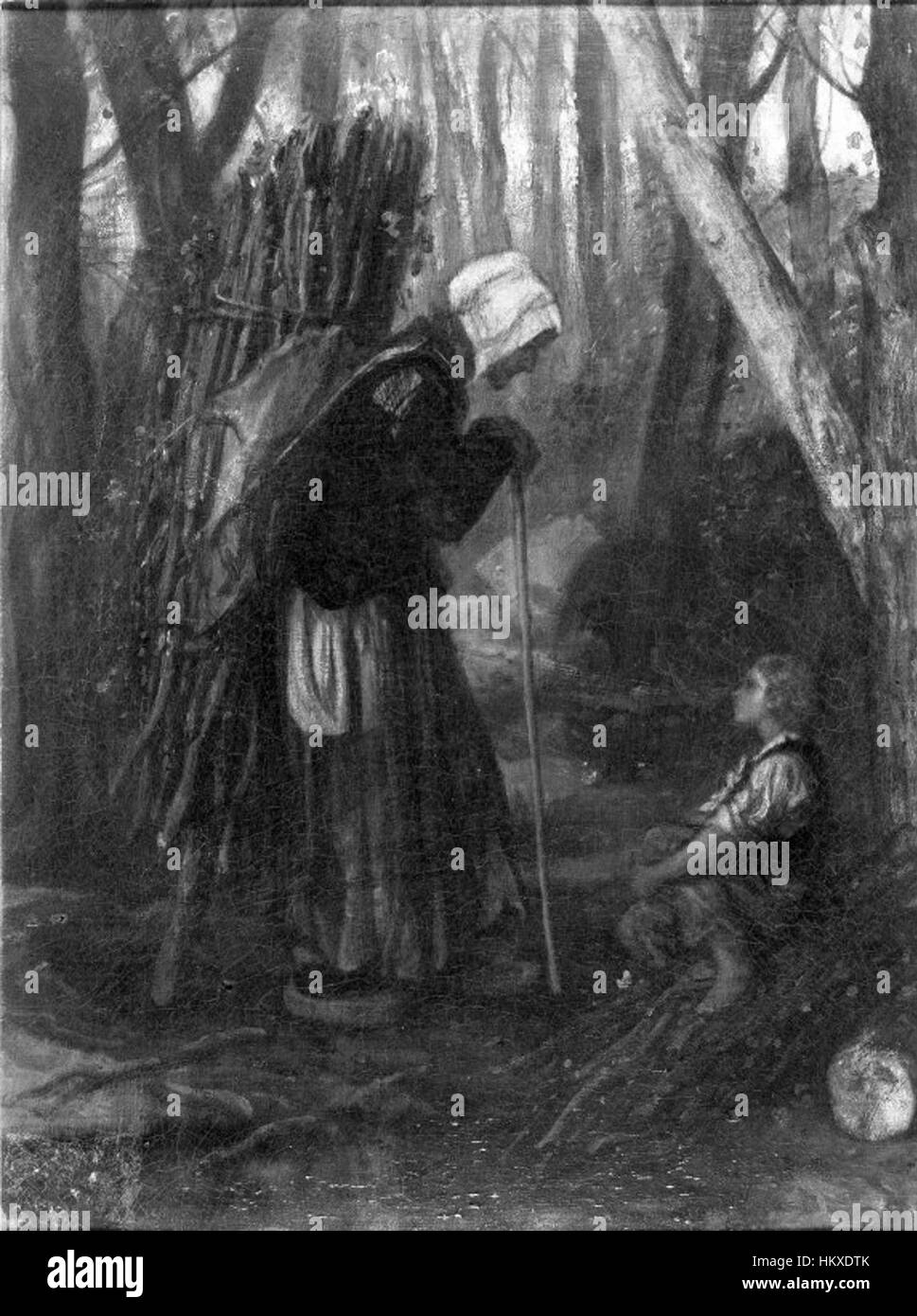 Questo dipinto di Alexandre-Gabriel Decamps, intitolato "Old Woman and Boy in a Forest", raffigura una scena pastorale, che mostra l'abilità dell'artista nel catturare la natura e le figure umane in uno stile vintage. Foto Stock