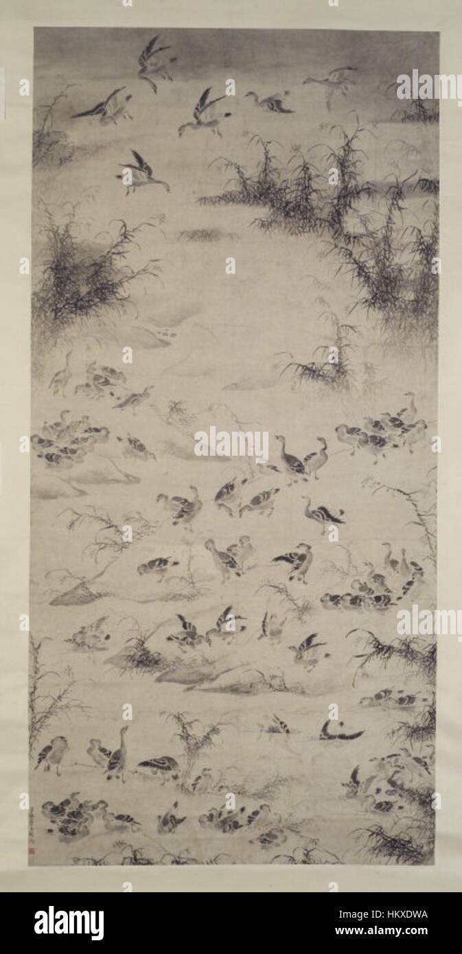 Questo dipinto di Bian Shoumin, ospitato al Brooklyn Museum, raffigura "cento oche". Le opere d'arte utilizzano tecniche tradizionali cinesi a pennello per creare un ritratto dinamico e armonioso delle oche nel loro ambiente naturale. Foto Stock