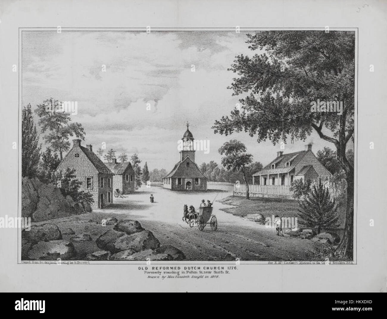 Questo disegno di Elizabeth Sleight raffigura la vecchia chiesa olandese riformata, originariamente costruita nel 1776. Sito significativo nella storia religiosa americana, la chiesa riflette l'architettura coloniale olandese e le prime pratiche di culto americane. Foto Stock