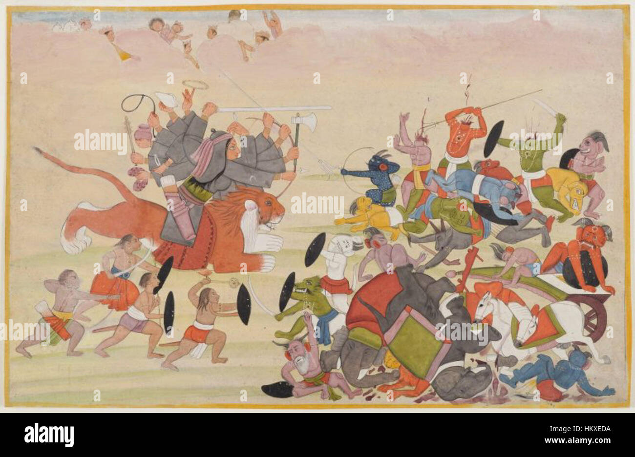 Questo folio della serie devi Mahatmya raffigura la dea indù devi che sconfigge il demone Mahasura. L'opera illustra il momento vittorioso, evidenziando il potere della dea e la vittoria divina in uno stile vivace e tradizionale. Foto Stock