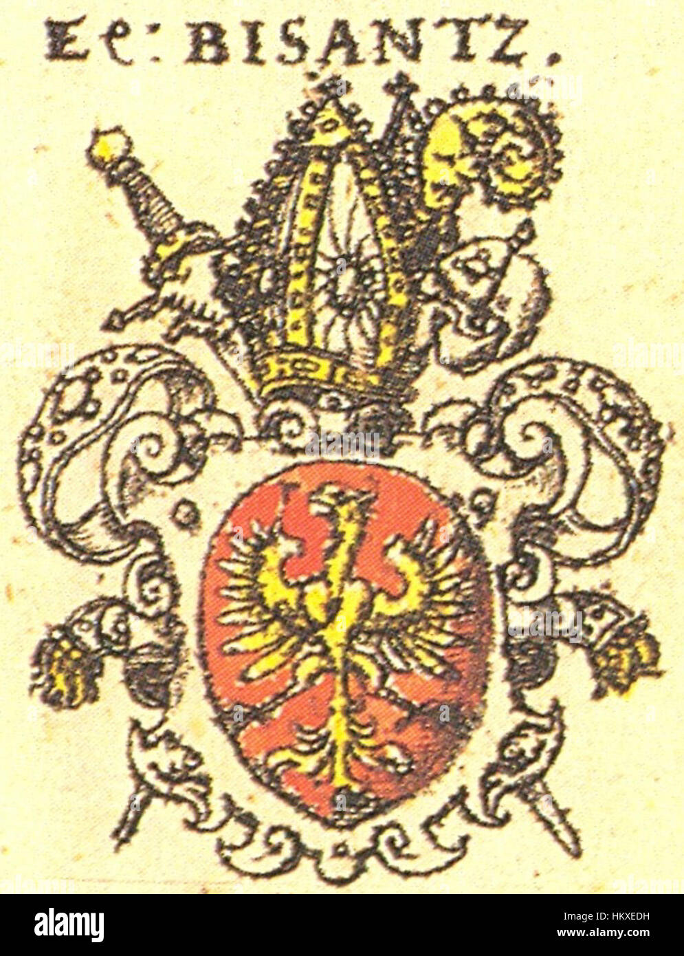 Lo stemma della diocesi di Bisantz rappresenta il patrimonio storico e spirituale della regione di Bisantz. Presenta elementi araldici tradizionali come uno scudo, una croce e motivi stilizzati che riflettono la storia religiosa e culturale della regione. Lo stemma funge da simbolo di autorità, identità e orgoglio per la diocesi e la sua comunità. Foto Stock