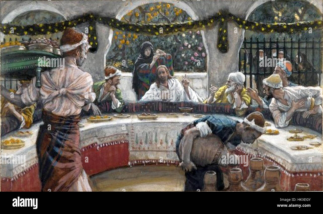 James Tissot's *The Meal in the House of the Pharisee* raffigura una scena biblica del nuovo Testamento. Il dipinto cattura gli intricati dettagli del pasto, mostrando la maestria di Tissot nel ritrarre temi storici e religiosi. Foto Stock