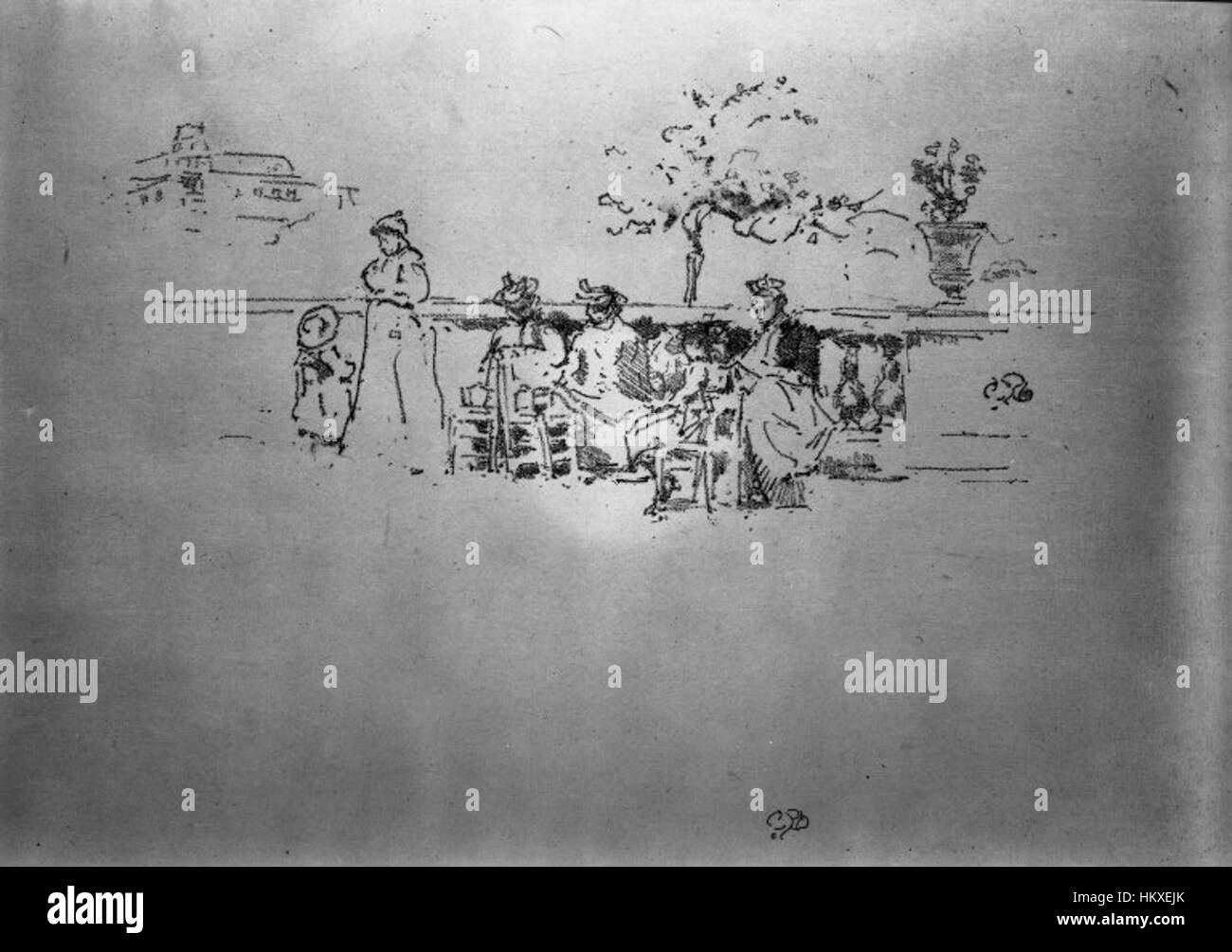 "La terrazza Lussemburgo" di James Abbott McNeill Whistler è un dipinto impressionista che mostra una vista sui Giardini del Lussemburgo a Parigi. Il dipinto cattura la luce e l'atmosfera dell'ambiente esterno con la tecnica distintiva di Whistler di luce e ombra. Foto Stock