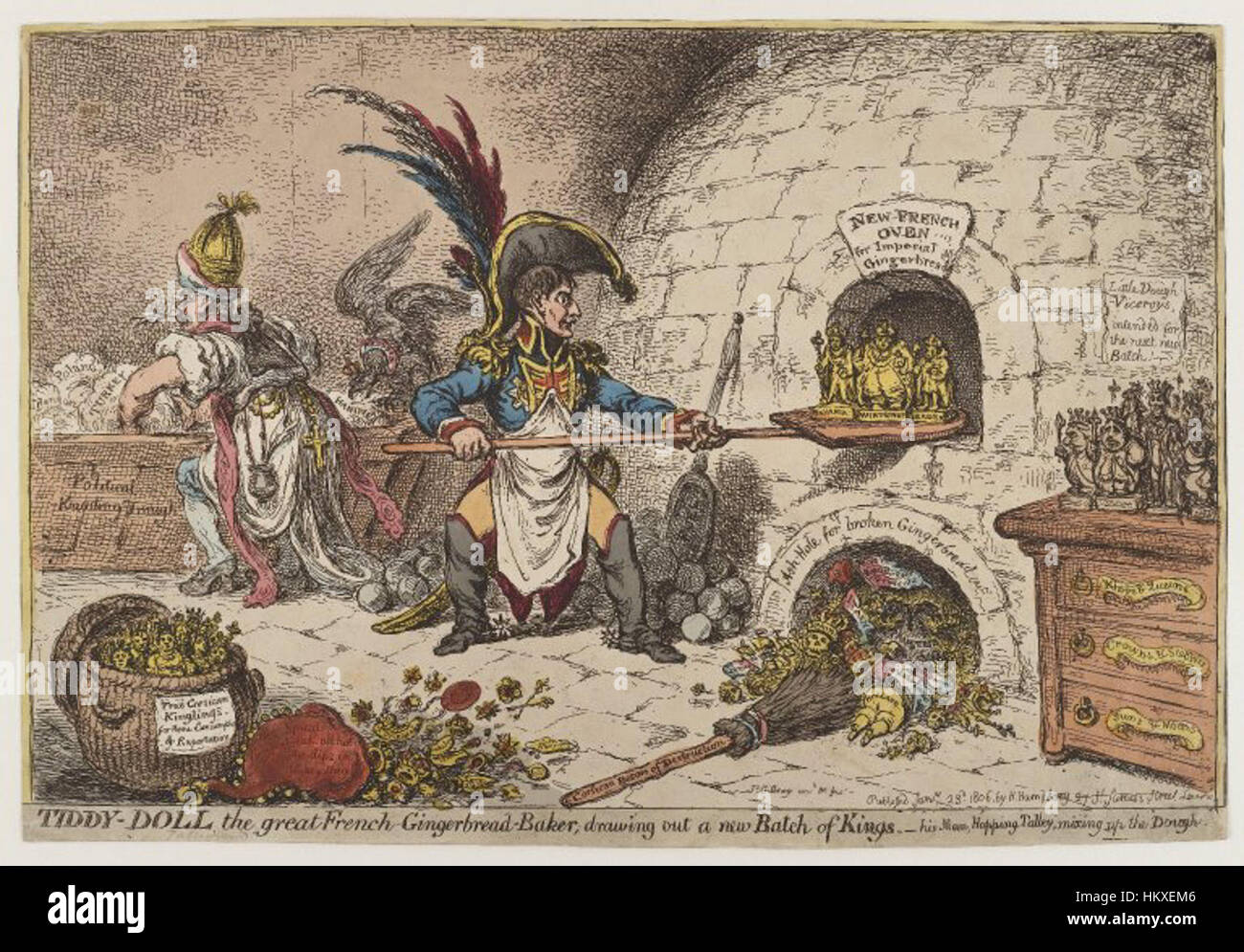 Questo disegno satirico di James Gillray, intitolato *Tiddy-Doll The Great French Gingerbread Baker*, raffigura umoristicamente un panettiere francese che prepara un lotto di re di pan di zenzero, probabilmente facendo riferimento a figure politiche del tempo. Il pezzo riflette l'abilità di Gillray nella caricatura politica, usando l'umorismo per commentare gli eventi contemporanei. Foto Stock