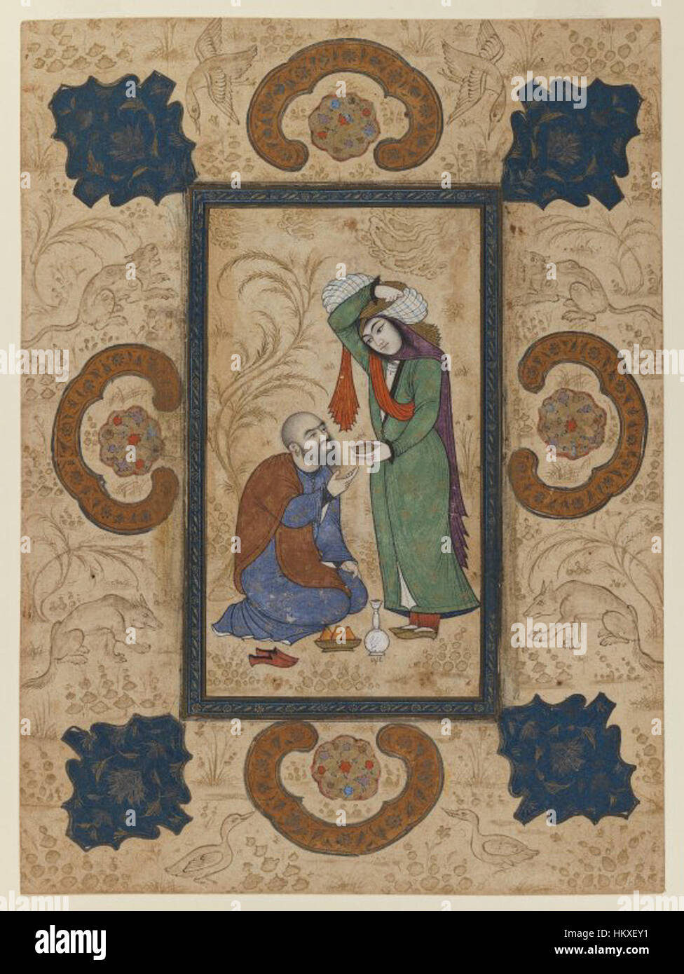 Questa opera d'arte, "Young Woman Offering Wine to a Sage", è ospitata al Brooklyn Museum. Rappresenta una scena di temi classici, dove una giovane donna offre un vino salato, simboleggiando saggezza, rispetto e ospitalità in contesti storici. Foto Stock