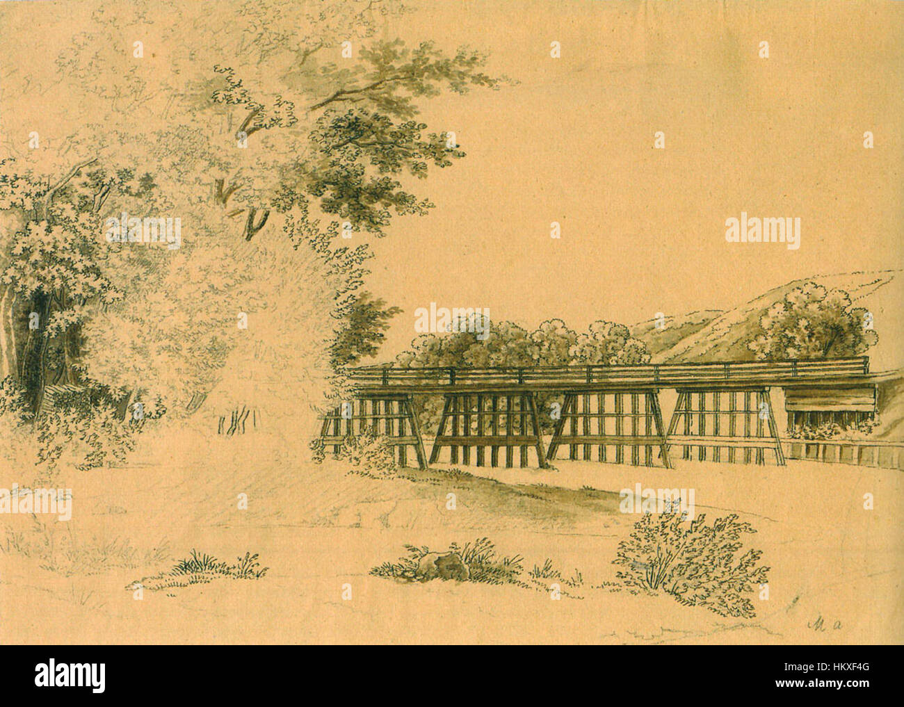 "Brücke Praterinsel" è un pezzo storico che raffigura il famoso ponte sull'isola Prater di Vienna. Le opere d'arte evidenziano l'architettura del ponte e dei suoi dintorni in uno stile classico, sottolineando il suo ruolo nel collegare l'isola alla città. Foto Stock