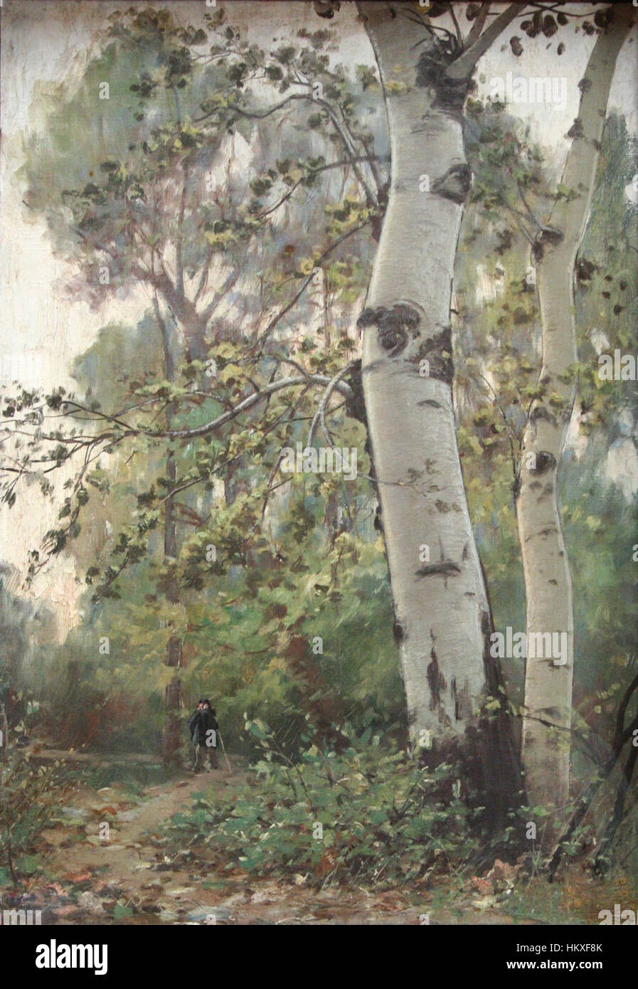 Il dipinto di Brunel "Les Peupliers du Bosquet" raffigura un tranquillo paesaggio rurale, incentrato su un boschetto di pioppi. Il lavoro mette in evidenza l'abilità di Brunel nel rendere la bellezza naturale degli alberi e delle scene di campagna, con particolare attenzione alla tranquilla atmosfera della campagna francese. Foto Stock