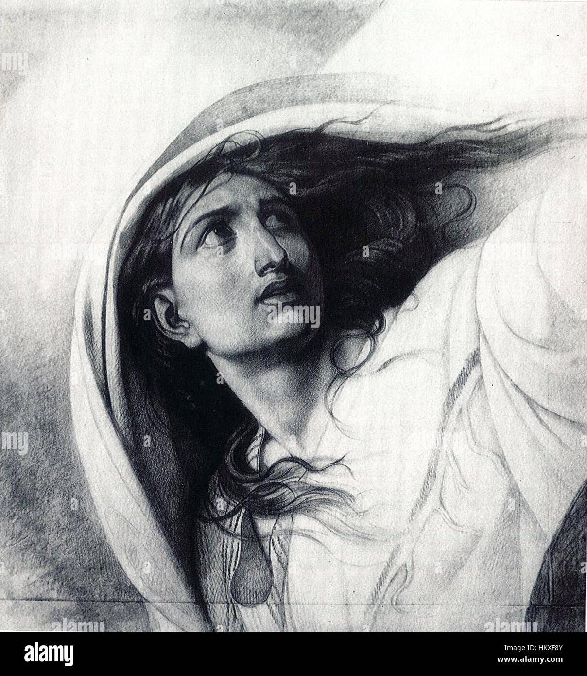 Uno studio intitolato "Woman's Head" di Bruni, che cattura le delicate caratteristiche e l'espressione di un soggetto femminile nei minimi dettagli. Lo schizzo si concentra sulla forma e l'espressione naturali della figura umana. Foto Stock