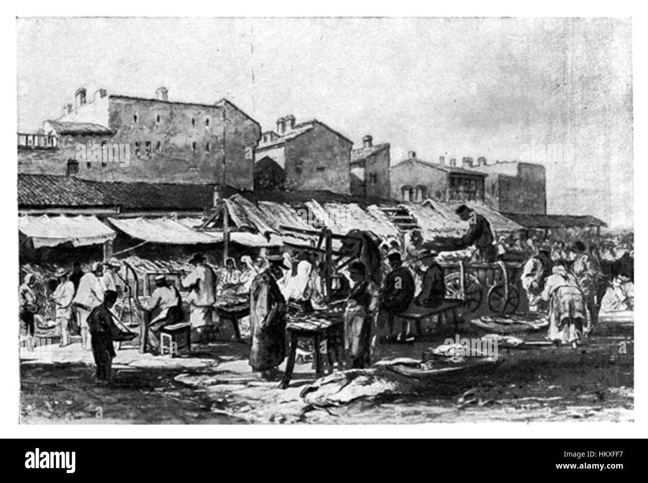 Questo dipinto ritrae una vivace scena del mercato di Bucarest nel 1869, catturando l'atmosfera vibrante e le attività quotidiane di commercianti e acquirenti. Il pezzo offre uno sguardo sulla vita commerciale e sulla cultura urbana della Romania del XIX secolo. Foto Stock