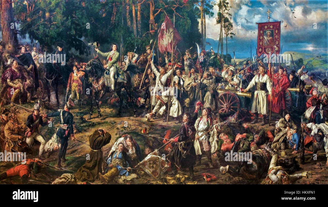 "Bitwa pod Racławicami" è un famoso dipinto che raffigura la battaglia di Racławice, un evento significativo nella storia polacca. Il dipinto cattura l'eroismo e il dramma della battaglia, mostrando lo spirito della lotta nazionale polacca per l'indipendenza. Foto Stock