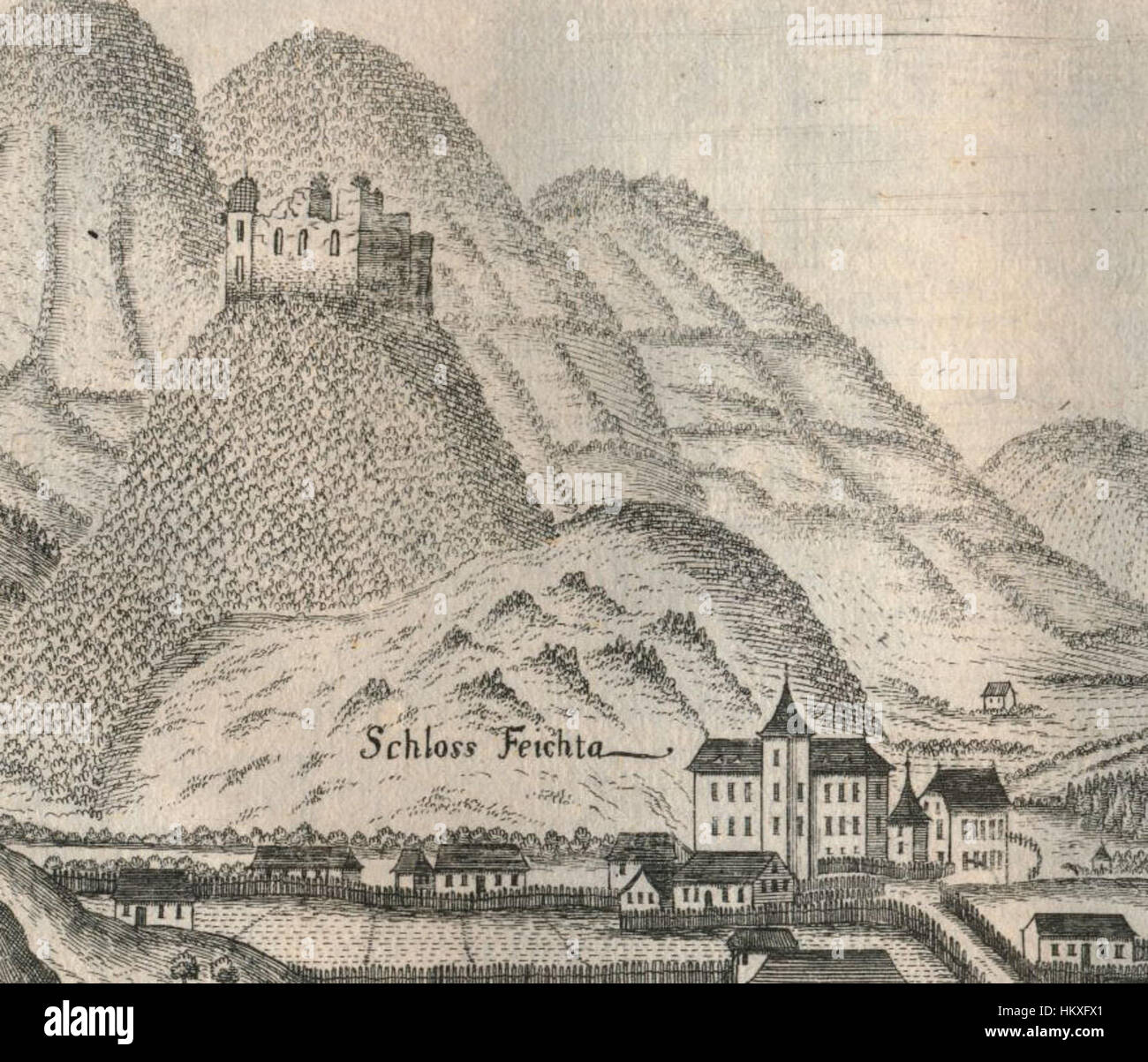 Una rappresentazione delle rovine del castello di Leonstein e di Talschloss Feichta in Austria. L'opera d'arte mette in risalto i resti di queste strutture medievali, circondate dalla bellezza naturale del paesaggio austriaco. Foto Stock