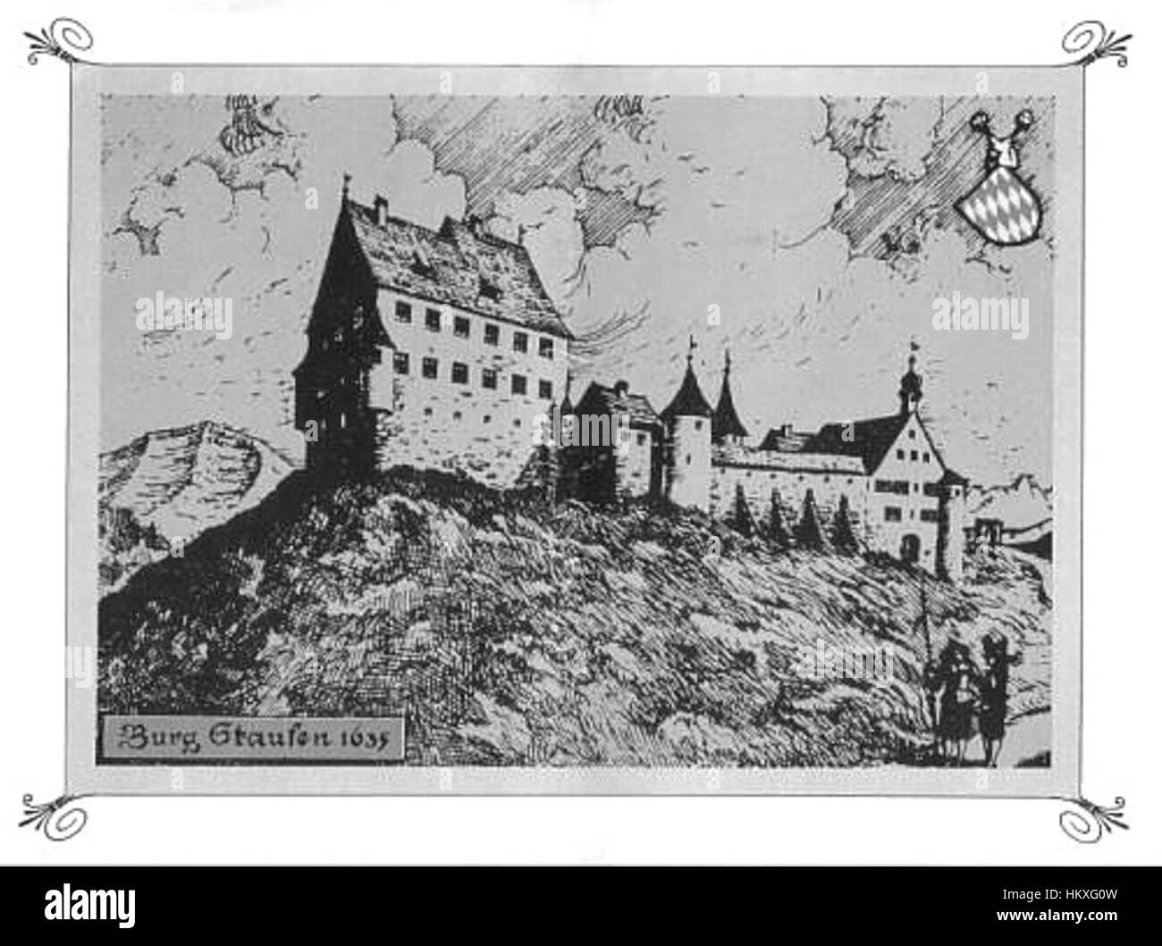 Questo dipinto del 1635 raffigura il Burg Staufen, situato a Oberstaufen, che mostra le sue caratteristiche architettoniche e il paesaggio circostante. L'opera cattura la fortezza medievale, evidenziando la sua posizione strategica e il suo significato storico nella regione. Foto Stock