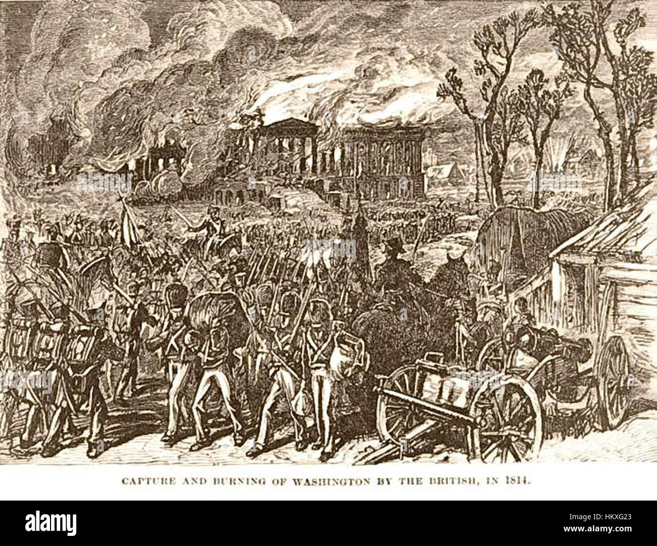 Il dipinto "Burning of Washington" raffigura l'attacco britannico alla capitale degli Stati Uniti durante la guerra del 1812, dove gli edifici chiave, tra cui la Casa Bianca e il Campidoglio, furono incendiati. Questo evento segnò un momento cruciale nella storia americana durante la guerra. Foto Stock