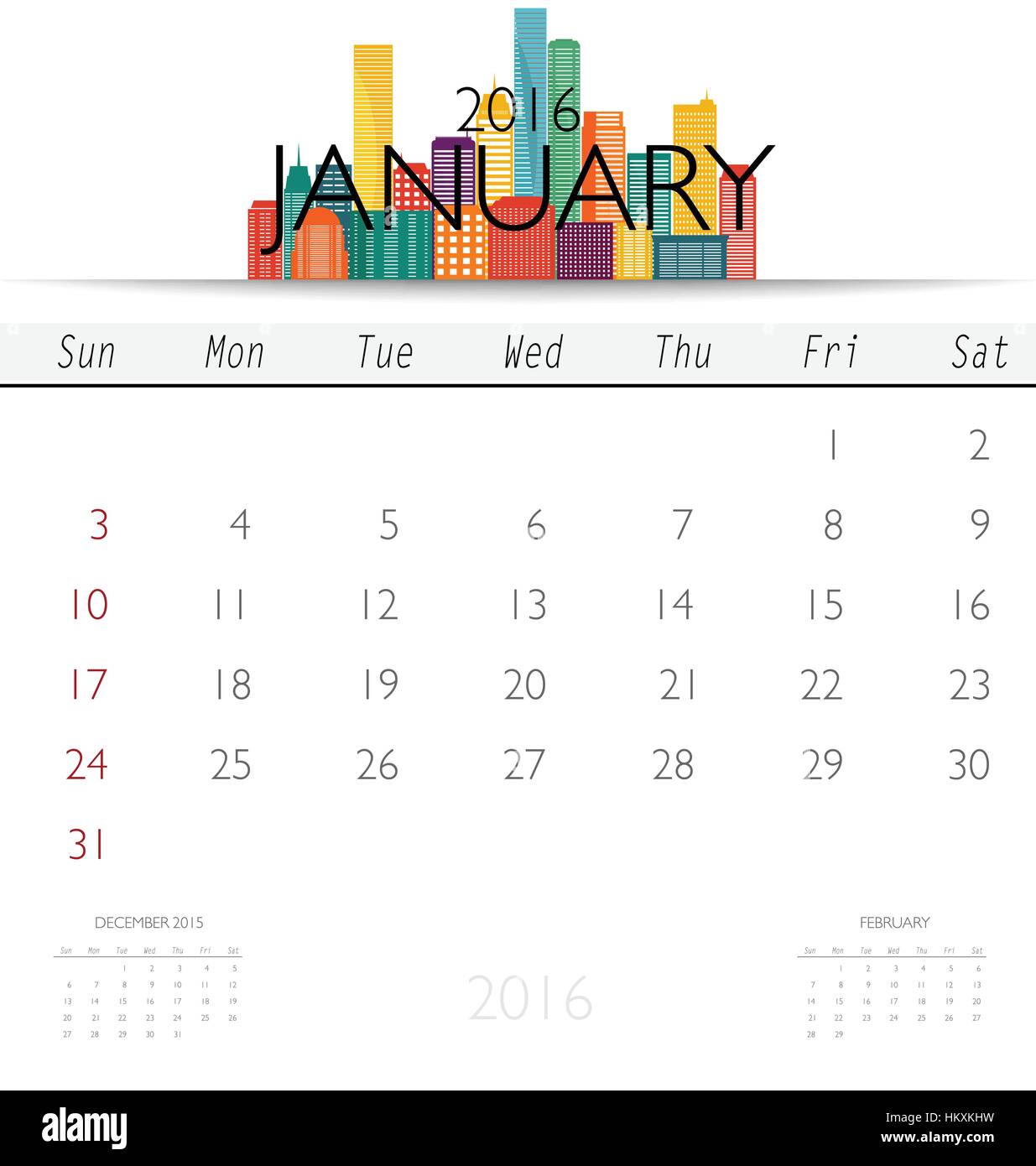 2016 Calendario con Creative design edilizia modello, calendario mensile  per il mese di gennaio. Illustrazione Vettoriale Immagine e Vettoriale -  Alamy