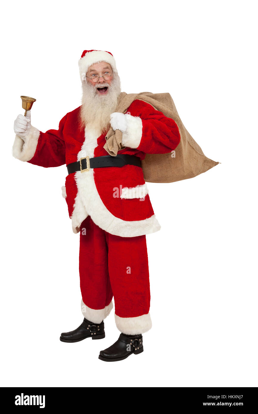 Babbo Natale con la barba reale suona il campanello (isolato) Foto Stock