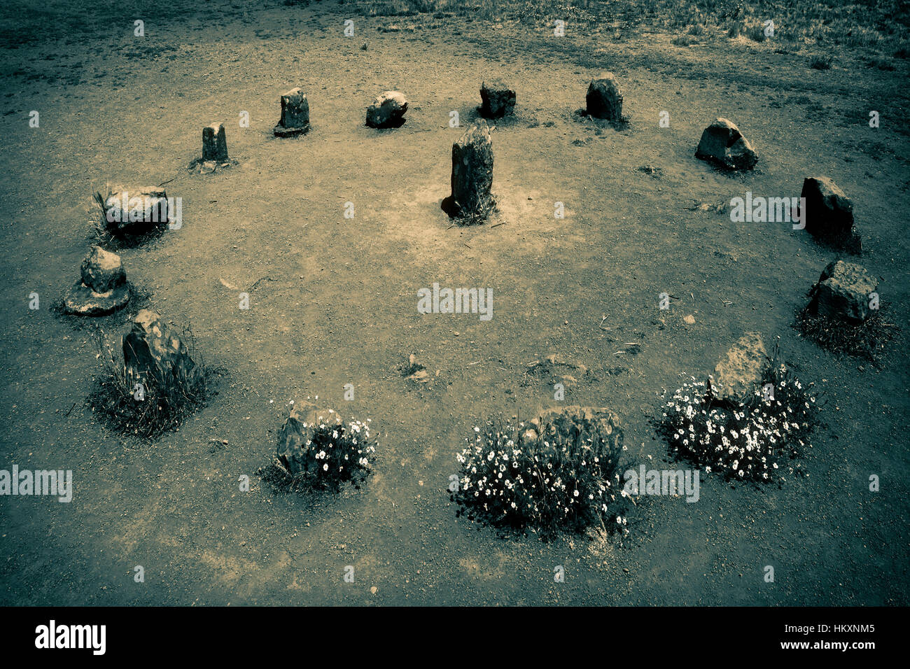 Cerchio di pietre raffiguranti 15 dei più comuni tipi di streghe secondo le religioni di Wicca e neopagan situate nell'isola di la Gomera, una delle più piccole isole Canarie, una comunità autonoma della Spagna Foto Stock