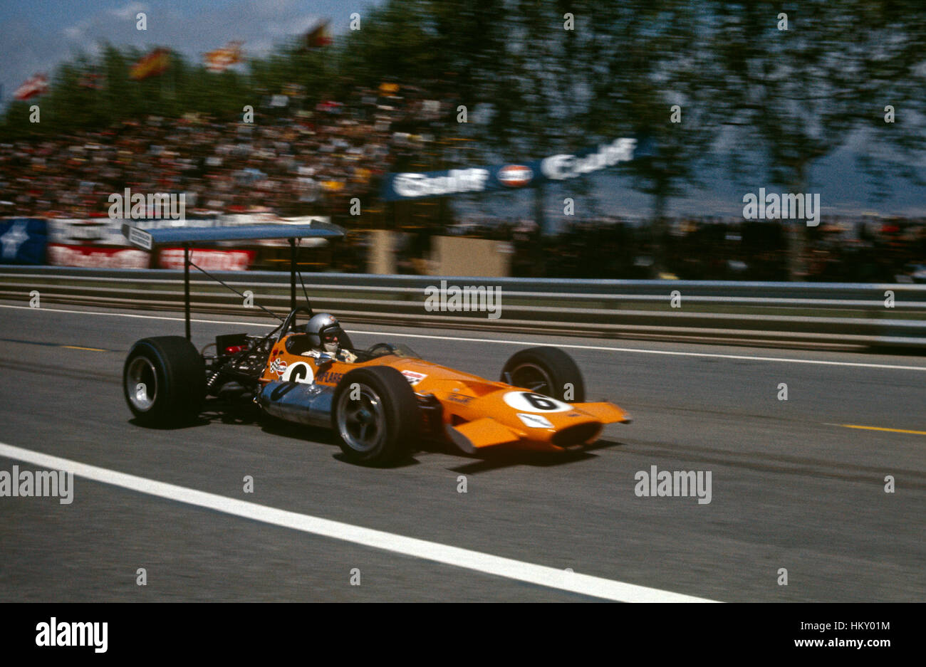 1969 Bruce McLaren Nuovo Zealander McLaren M7C 2a Parco di Montjuich GP di Spagna Spagna Foto Stock