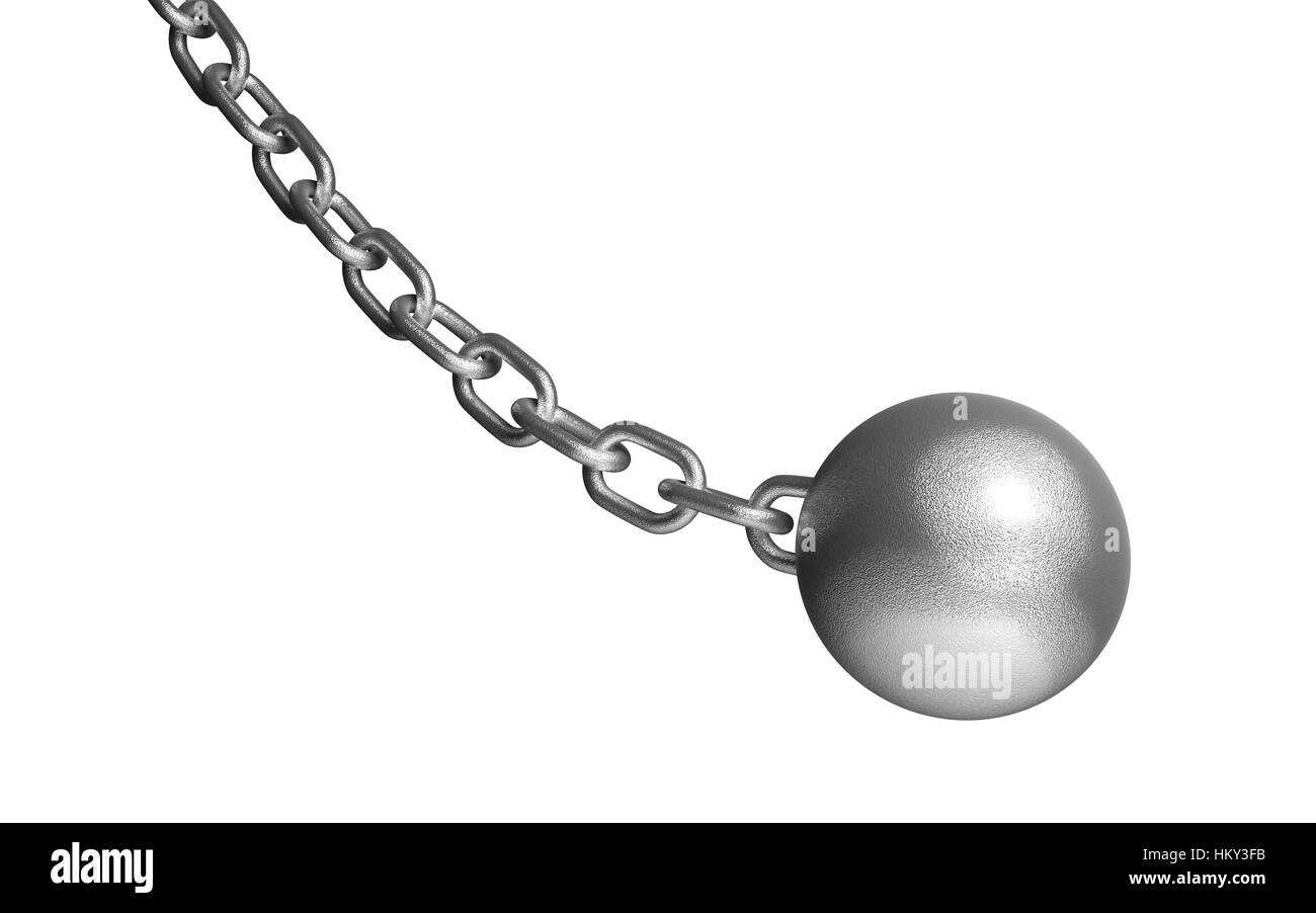 Demolire la sfera appeso alla catena di ferro. isolato su uno sfondo bianco senza ombra. Foto Stock