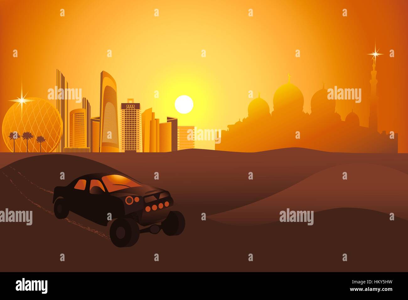 Safari vetture al tramonto nel deserto vicino alla città di Abu-Dhabi illustrazione vettoriale Illustrazione Vettoriale
