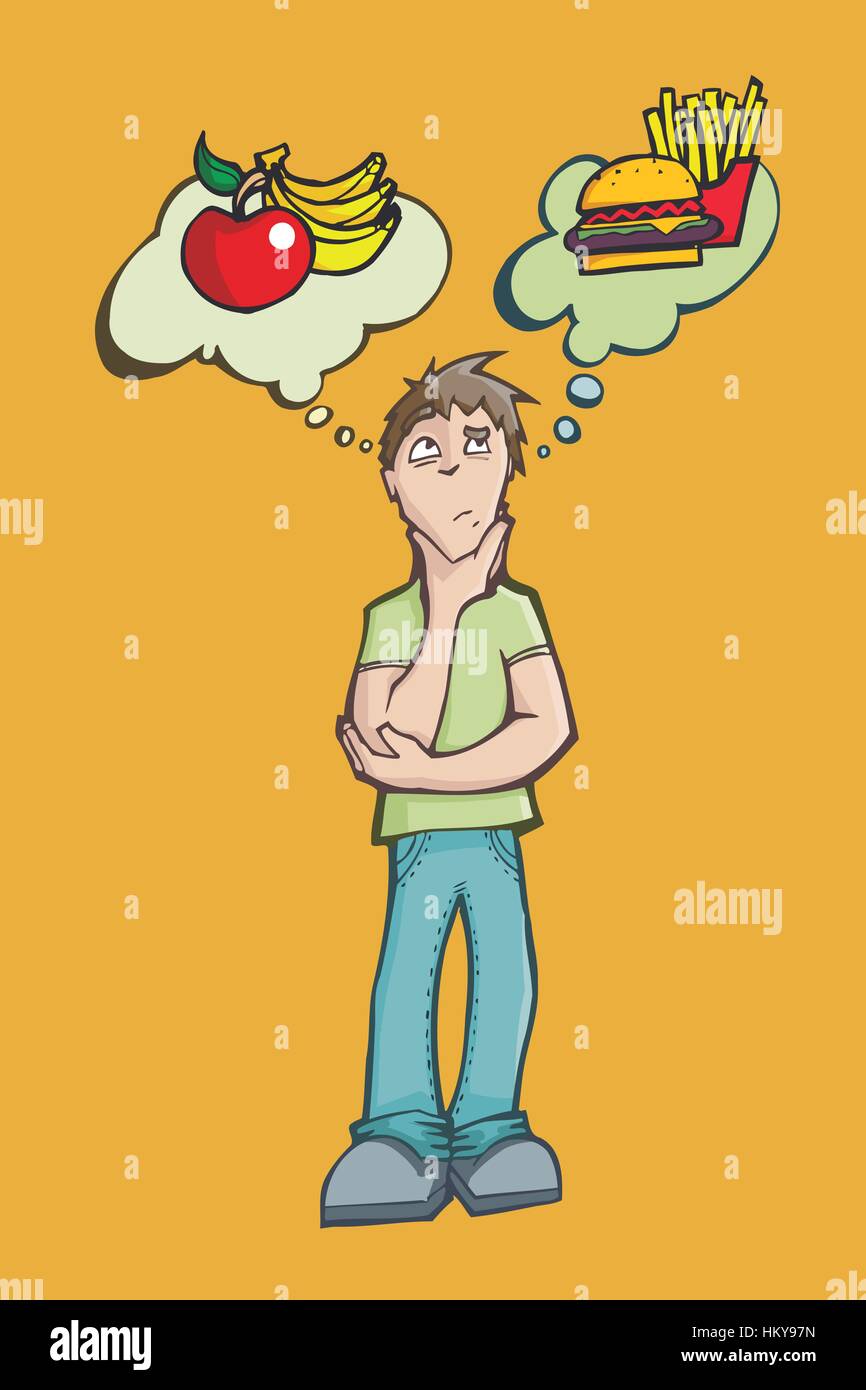 Un uomo scegliendo fra mangiare sano o cibo spazzatura. Frutti o hamburger. Illustrazione Vettoriale