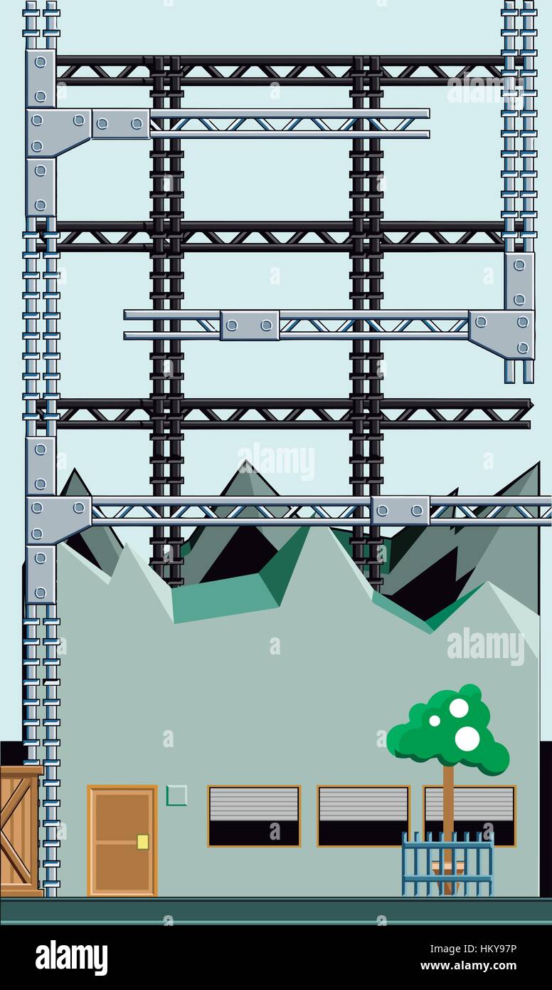 Un edificio in costruzione con una struttura ad albero nella parte anteriore. Vettore illustrazione piana. Illustrazione Vettoriale