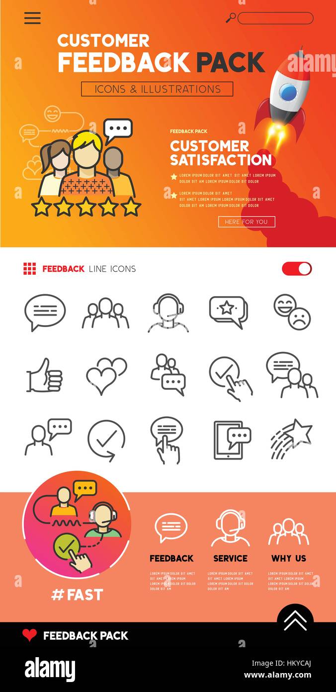 Il feedback dei clienti - Servizio piatto le icone con il team di supporto. illustrazione vettoriale. Illustrazione Vettoriale