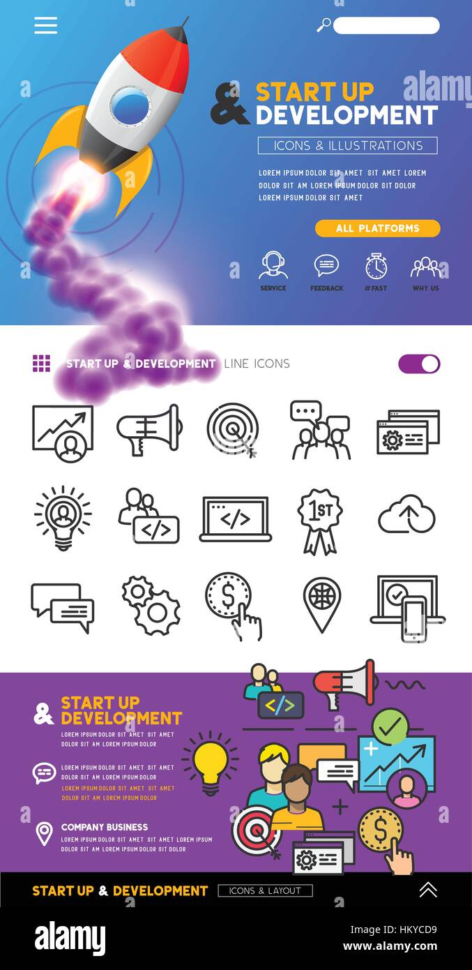 Avvio di business e il concetto di sviluppo con illustrazioni e design con le icone della linea. vettore Illustrazione Vettoriale