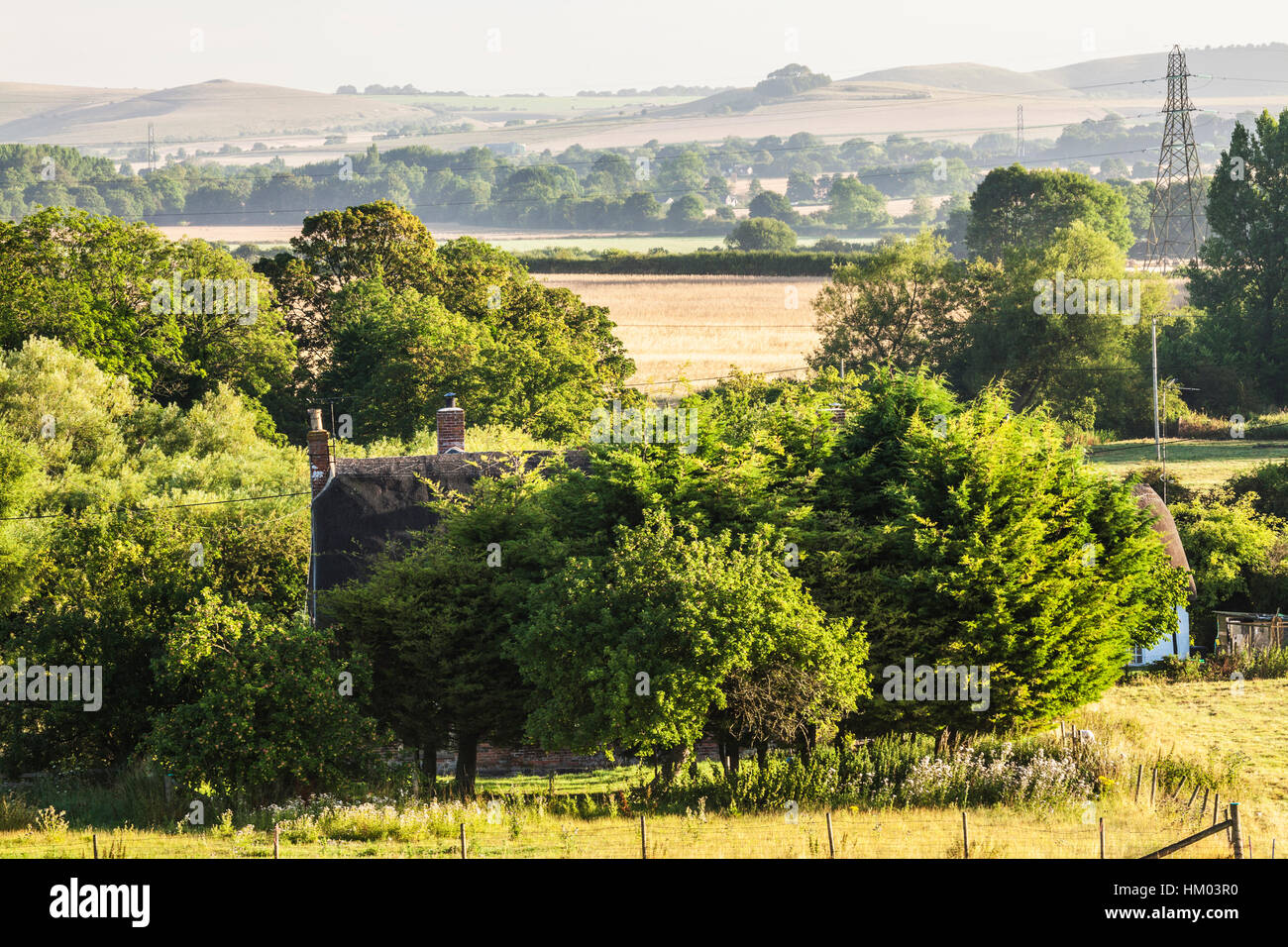 Tipico inglese nella tarda estate del paesaggio di dolci colline e campi coltivati nel Wiltshire, Regno Unito. Foto Stock