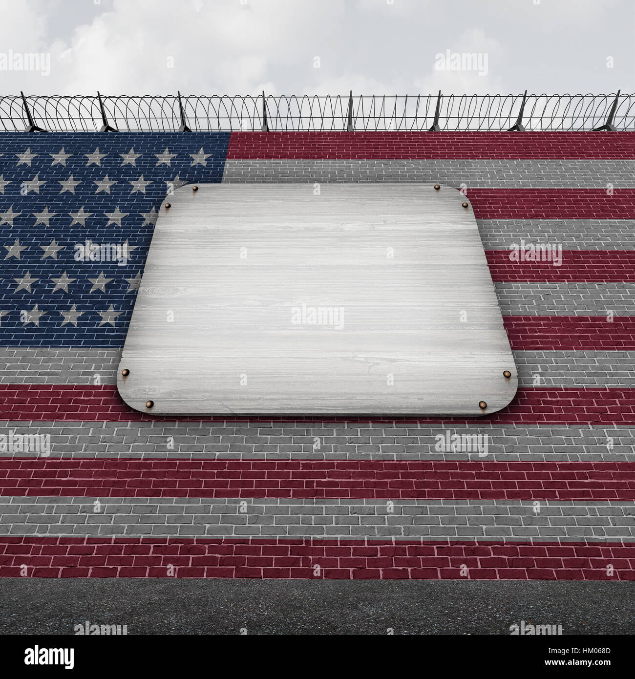 Stati Uniti parete segno bianco come un confine americano concetto come una barricata di sicurezza con una bandiera degli Stati Uniti come un regime doganale e di Confine di paese Foto Stock