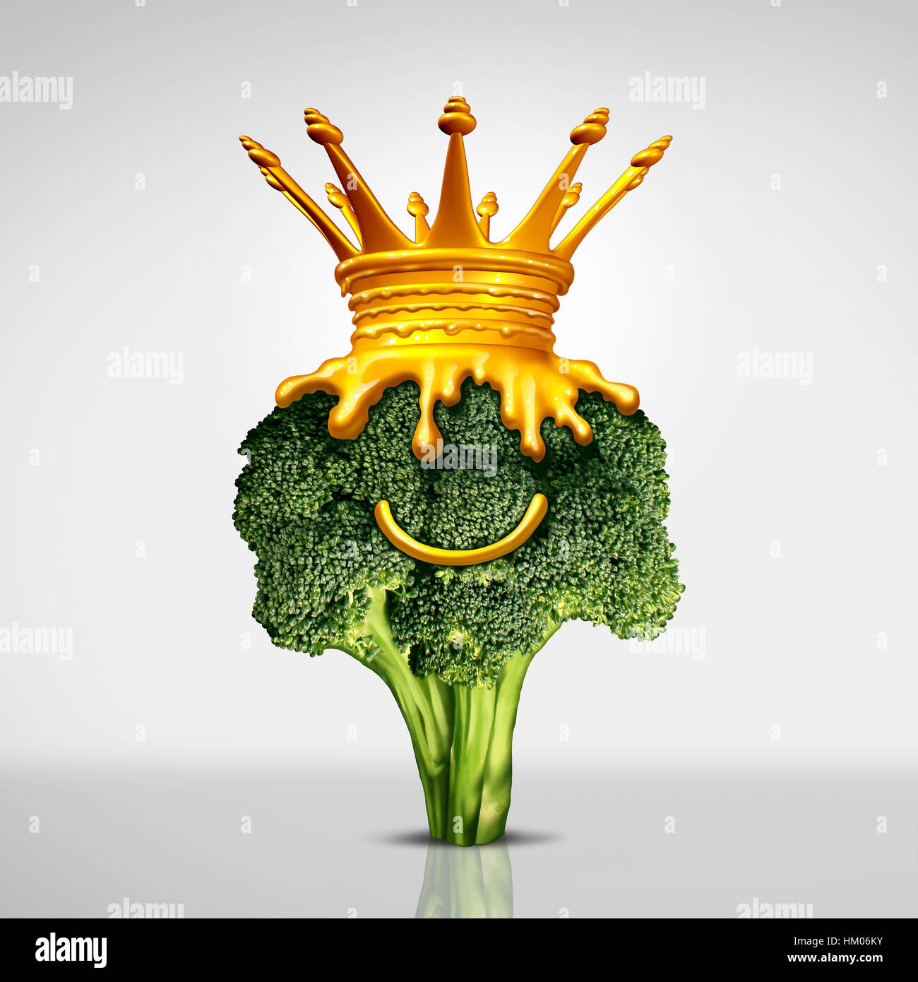 Formaggio re simbolo di cibo come un verde al vapore verdure broccoli con un sorriso e una corona fatta di formaggio cheddar fuso come un delizioso snack. Foto Stock