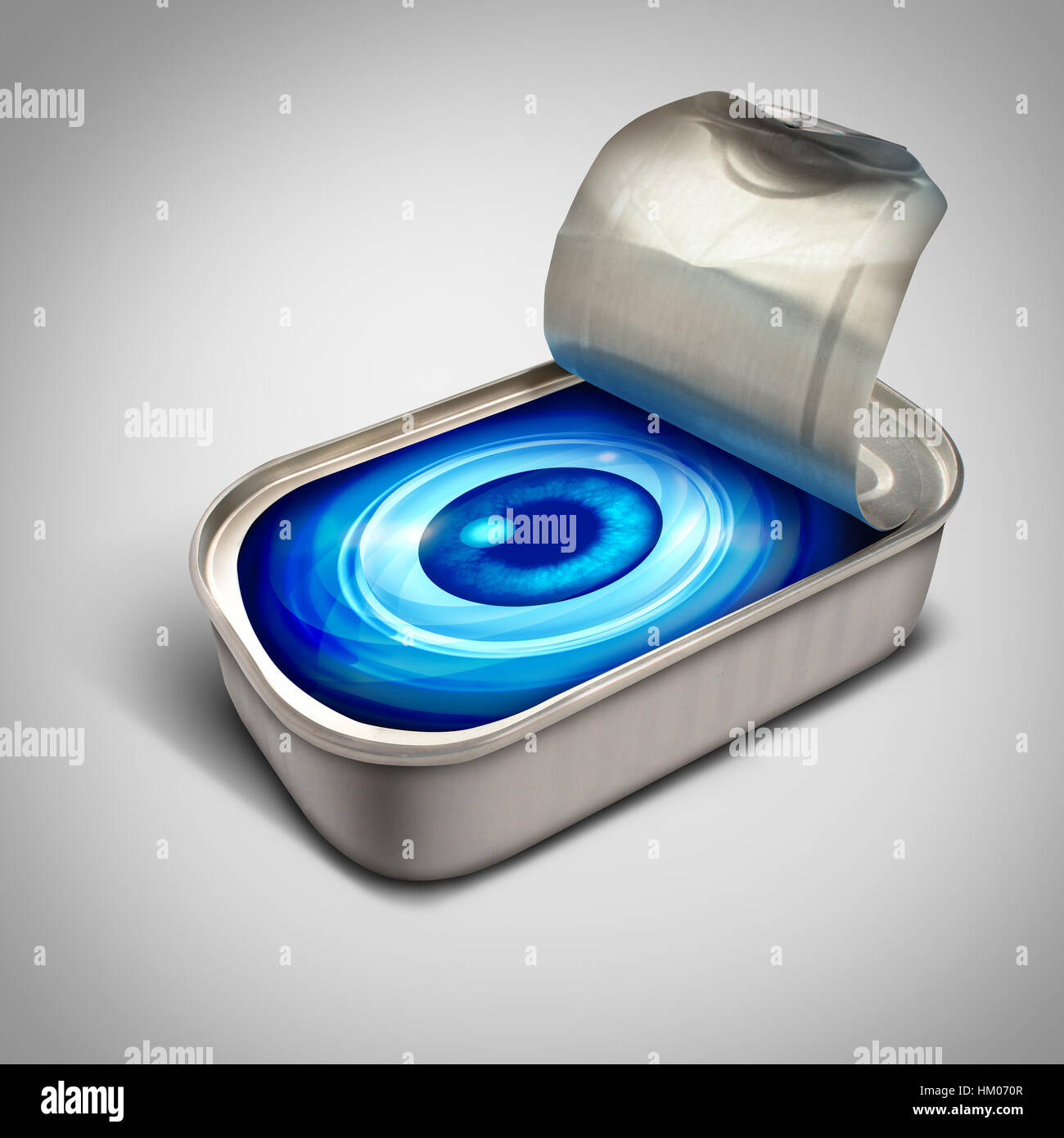 Ispezione degli alimenti concetto e mangiare il simbolo di sicurezza come un open può con un ispettore occhio all'interno come un icona per il controllo della qualità e di malattia. Foto Stock