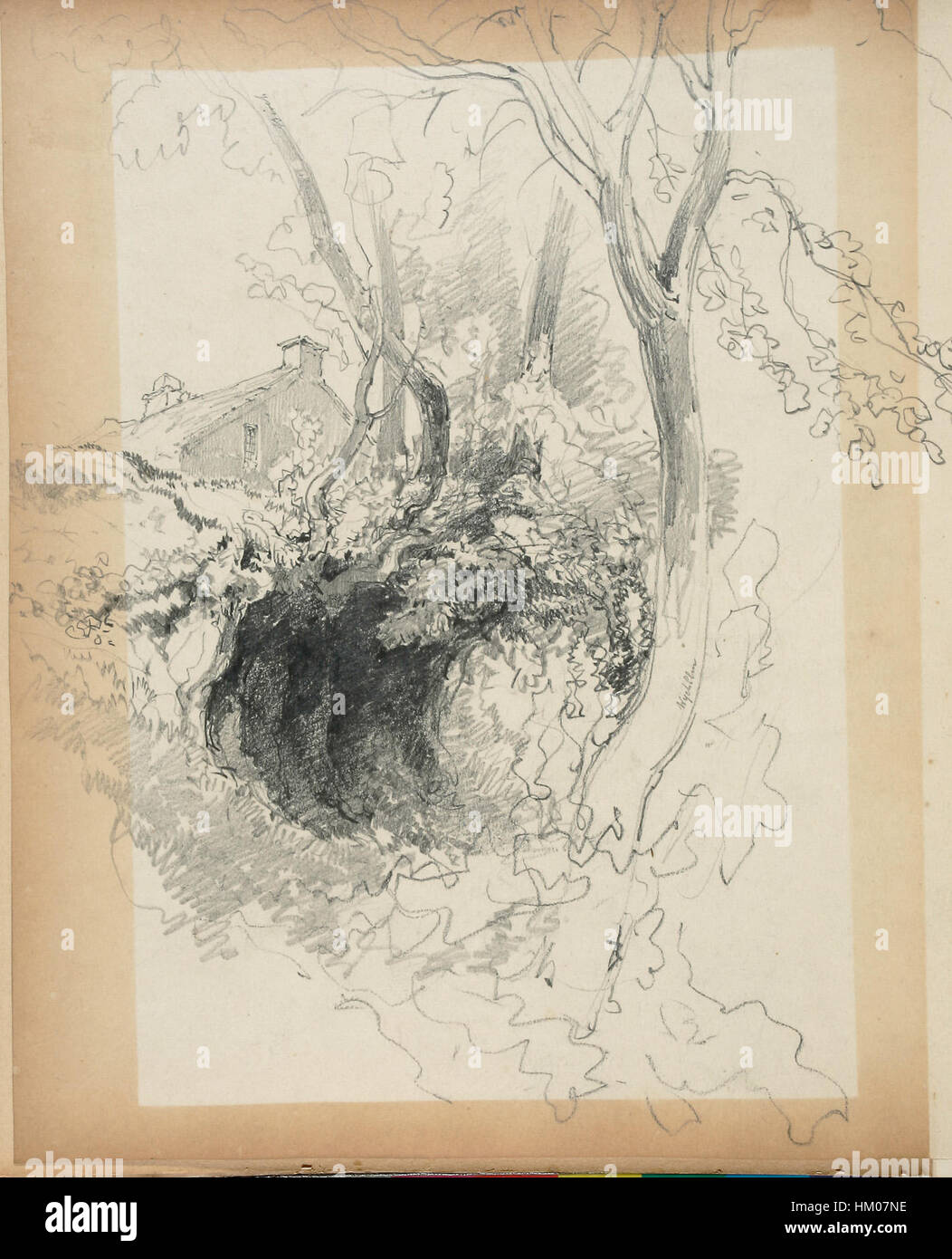 Una pagina del libro di schizzi della famiglia Lines, che mostra un ritratto intimo di famiglia. Lo schizzo cattura un momento di connessione familiare con linee delicate e ombre morbide, riflettendo l'attenzione dell'artista per i dettagli e la comprensione dell'emozione umana. Foto Stock