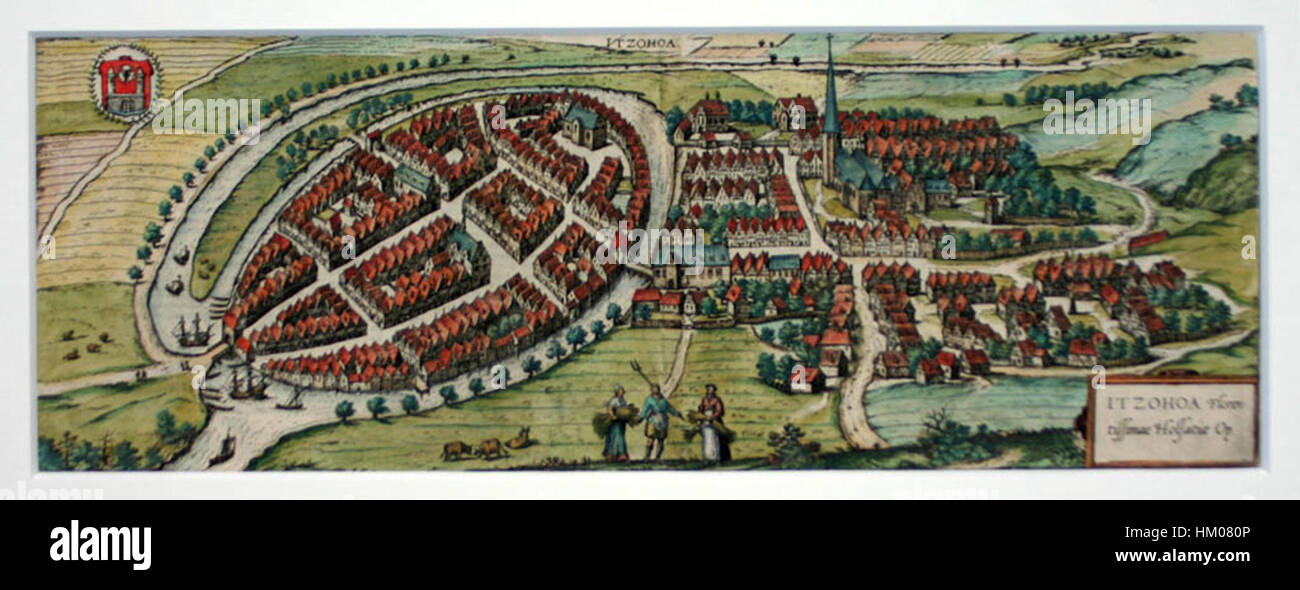 Il dipinto del 1588 di Itzehoe offre una vista storica di questa città della Germania settentrionale durante il tardo Rinascimento. L'opera d'arte cattura l'architettura, la vita quotidiana e il contesto culturale del tempo. Foto Stock