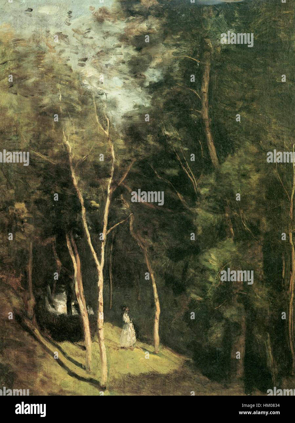 "In un parco" di Jean-Baptiste-Camille Corot è un tranquillo dipinto di paesaggio che mostra la sua maestria di luce e paesaggi naturali. Il lavoro riflette il fascino dell'era romantica per la natura, catturando un momento di tranquillità nell'ambiente tranquillo del parco. Foto Stock