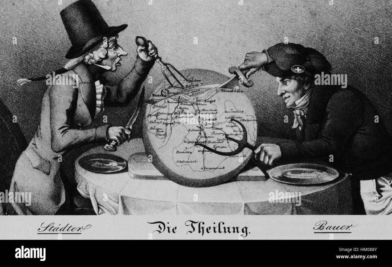 Una caricatura storica che raffigura la divisione di Basilea, catturando il clima sociale e politico dell'epoca. L'opera riflette l'uso della satira per commentare gli eventi locali, illustrando l'umorismo e la prospettiva culturale dell'epoca dell'artista. Foto Stock
