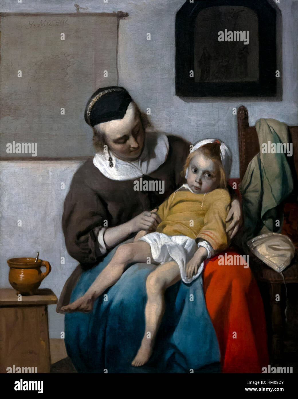 Il bambino malato di Gabriel Metsu, 1663, olio su tela, Rijksmuseum Amsterdam, Paesi Bassi, Europa Foto Stock