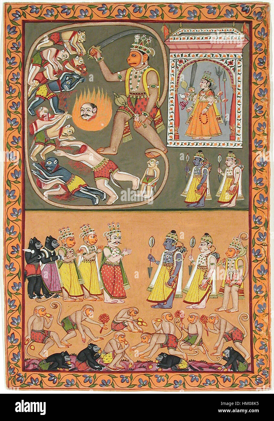 Questa opera d'arte raffigura la leggendaria scena dell'epico Ramayana indù, dove Hanuman sconfigge i demoni mentre Rama e Lakshmana salutano i loro alleati, le scimmie e gli orsi. Il dipinto illustra il tema dell'intervento divino e dell'eroismo nella narrazione epica. Foto Stock