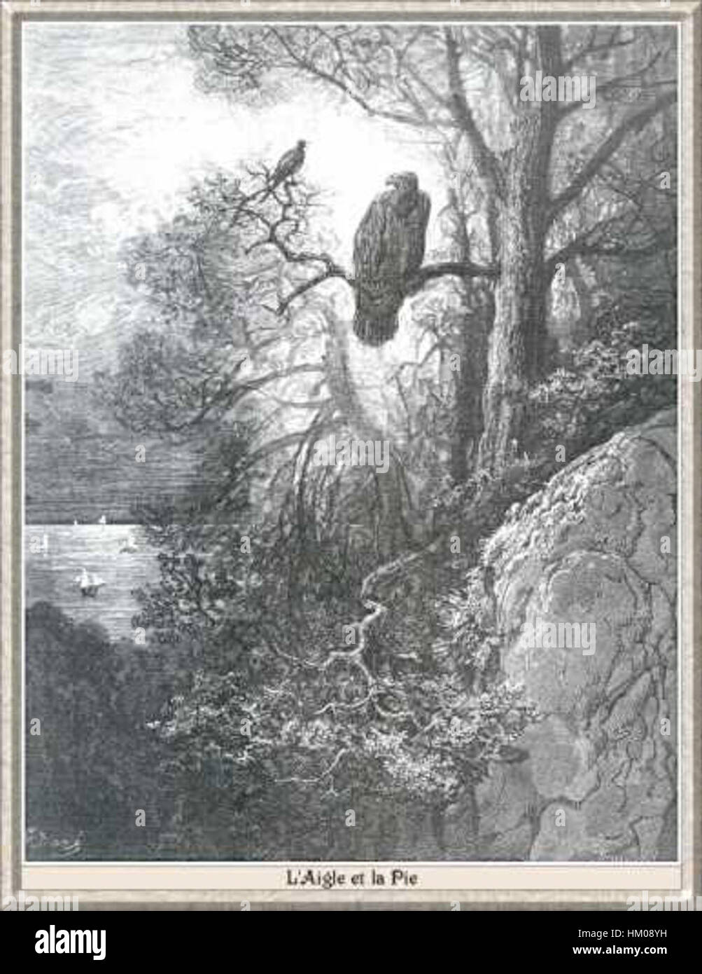 *L'aigle et la pie* raffigura un'aquila e un magpie in un'interazione dinamica, mostrando le personalità contrastanti di questi due uccelli. Il dipinto mette in evidenza la bellezza naturale e il simbolismo degli uccelli in un ambiente tradizionale. Foto Stock