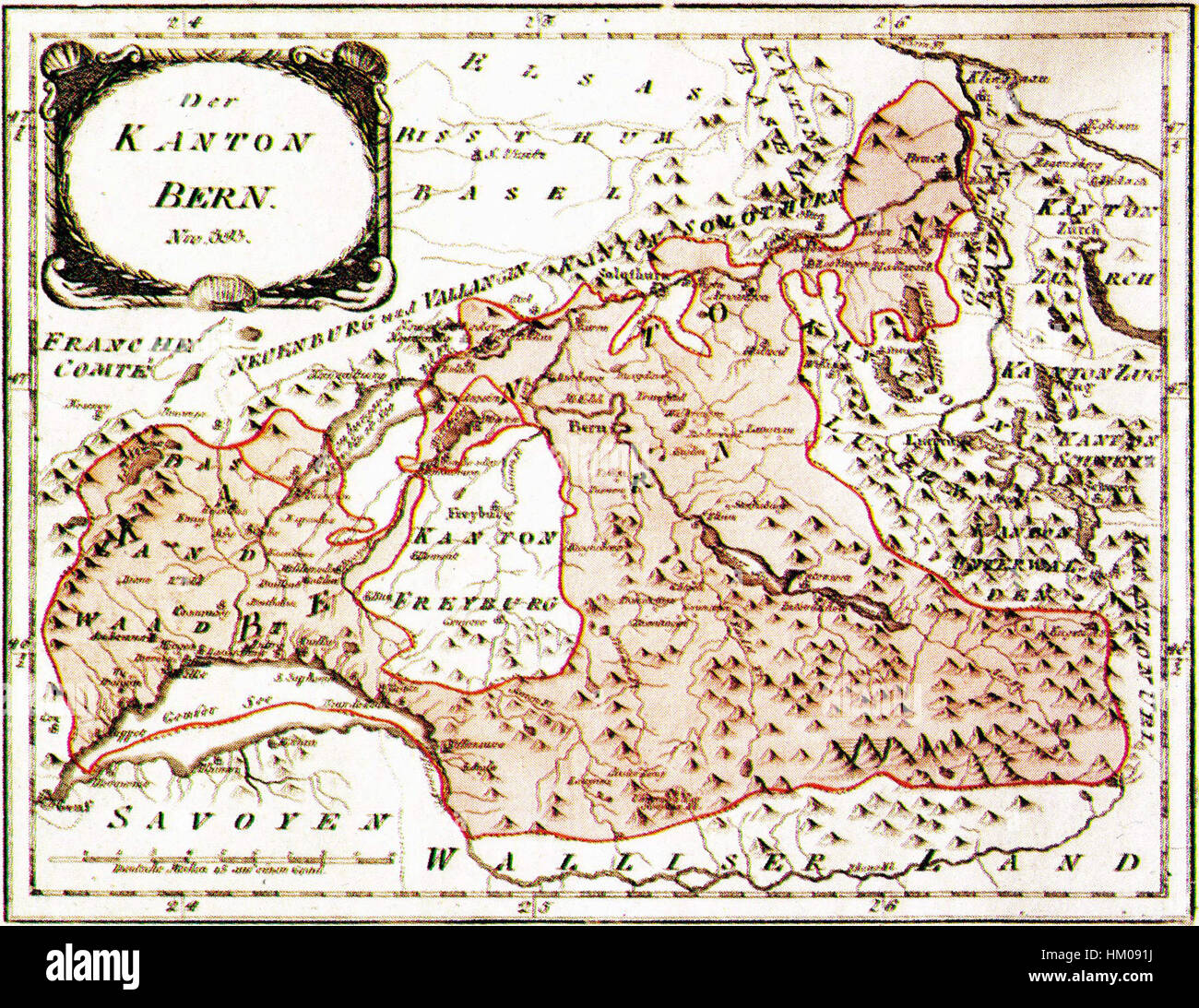 La "Karte des Kantons Bern um 1790" è una mappa storica del Canton Berna in Svizzera, creata intorno al 1790. Questa mappa fornisce una rappresentazione geografica dettagliata della regione durante la fine del XVIII secolo. Foto Stock