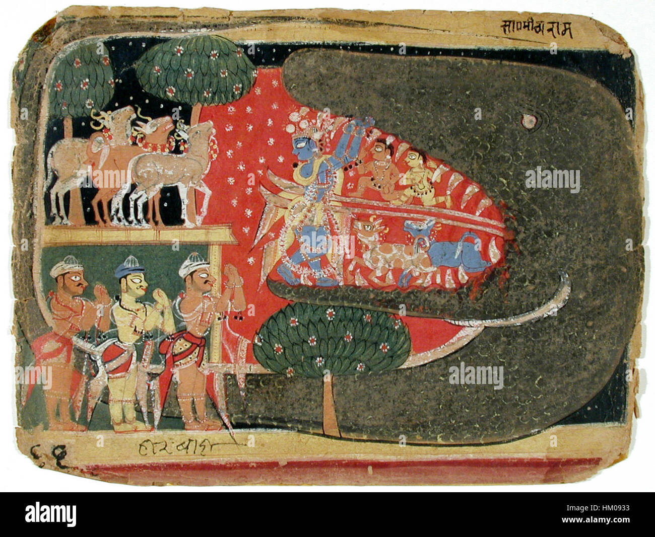 Questa opera d'arte indiana raffigura Lord Krishna che apre le mascelle del demone Aghasura, una scena della mitologia indù che ritrae l'intervento divino e l'eroismo. Foto Stock