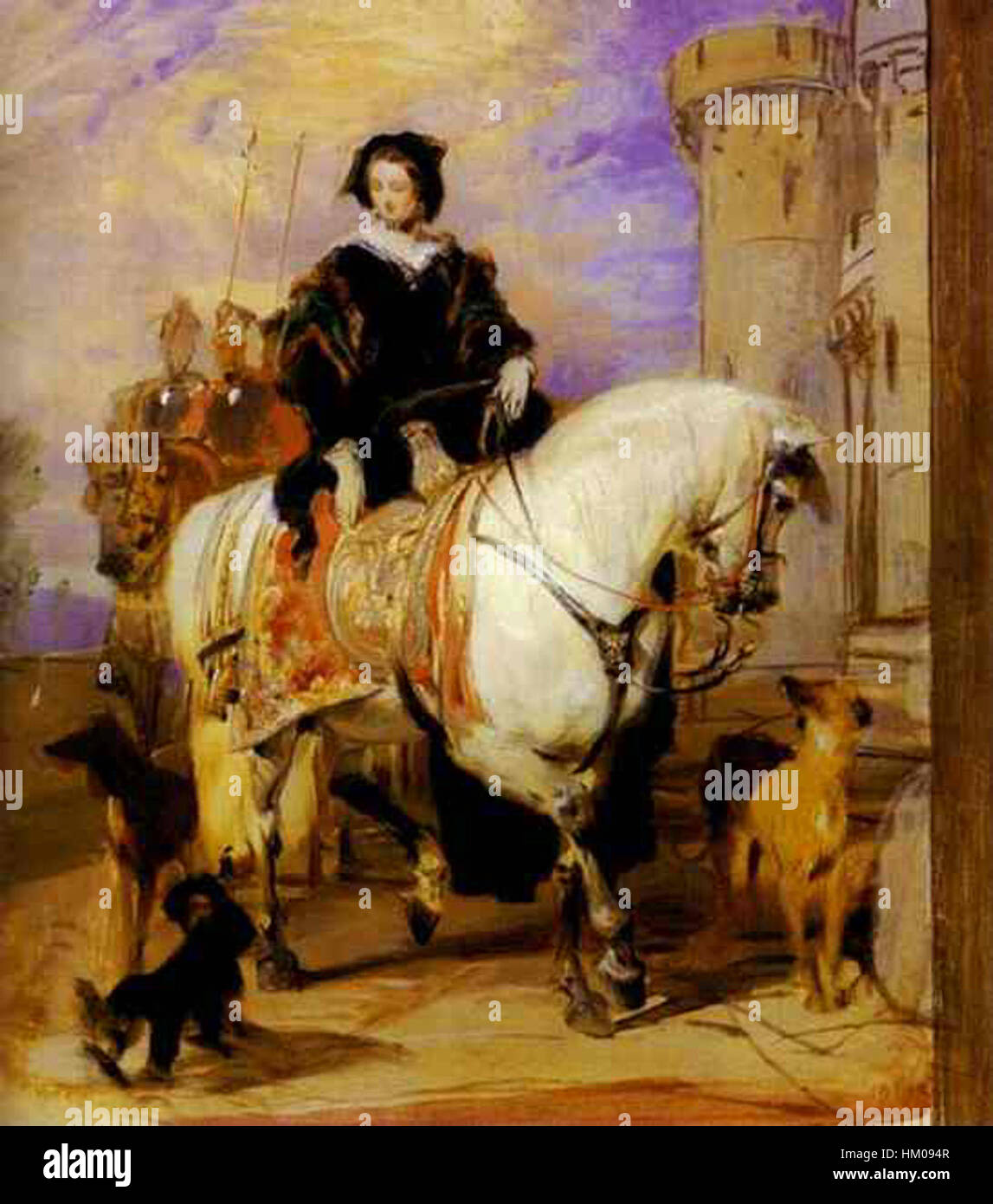 Landseer's *Queen Victoria on Horseback* è un rinomato ritratto del monarca britannico. Il dipinto ritrae la regina Vittoria in abito regale, a cavallo, con la sua presenza dominante riflessa nella dettagliata raffigurazione della sua figura e della sua postura. Cattura la sua dignità e la sua leadership come regina. Foto Stock